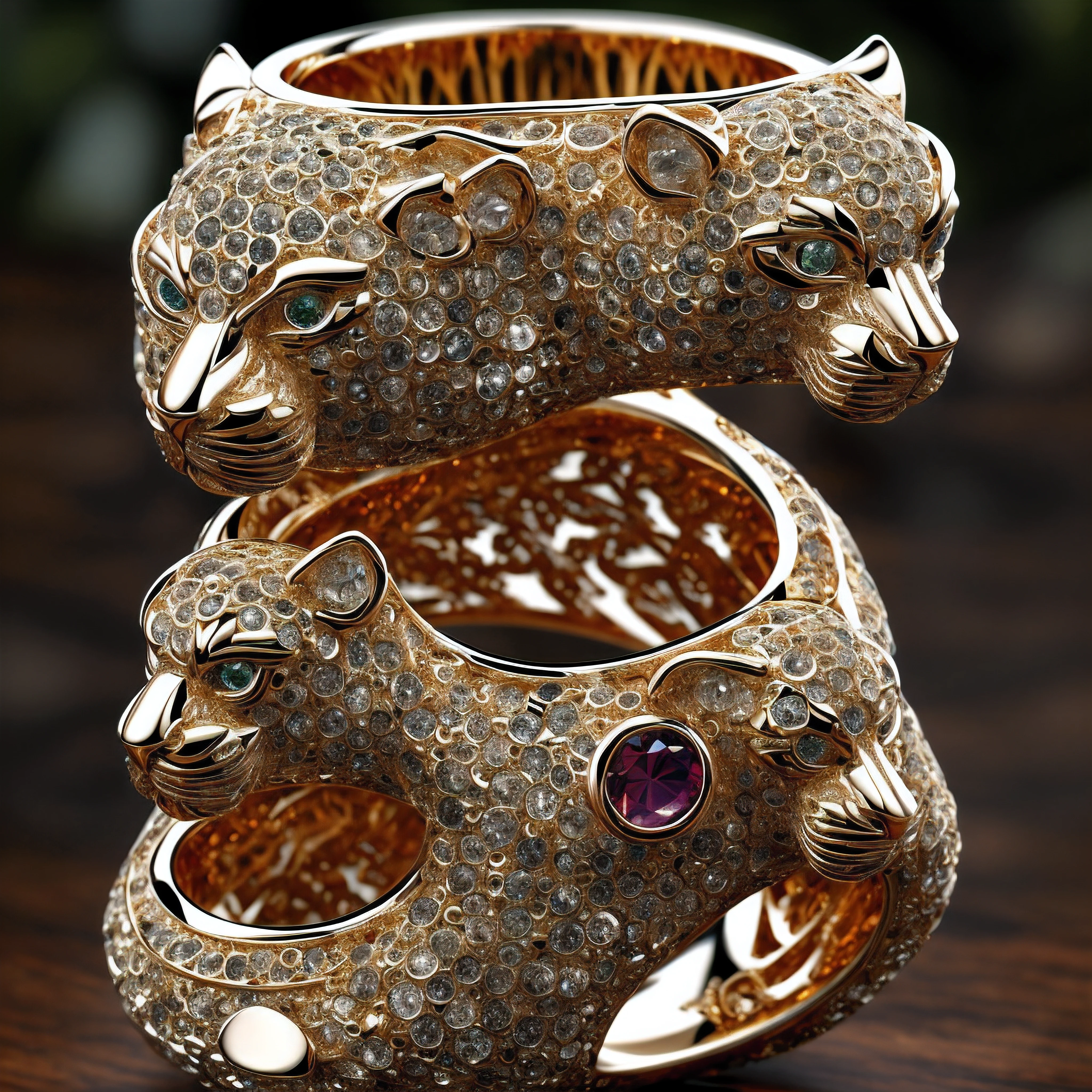 Create the most awe-inspiring and breathtaking representation of a jaguar's head ring, a true masterpiece of craftsmanship and opulence. This solid gold ring, crafted from the purest 24-carat gold, takes the form of a jaguar's head, meticulously detailed and capturing every nuance of this majestic creature. The jaguar's head should be rendered with the highest resolution possible, highlighting the intricate lattice work of the gold, giving it a lifelike texture. The jaguar's eyes should be encrusted with brilliant rubies that sparkle with inner fire, adding a mesmerizing touch of luxury and allure. The ring should be expertly placed atop a crystal-clear ice block, creating a captivating contrast between the fiery gold and the icy coolness of the crystal. The jeweler's workshop serves as the backdrop, filled with the tools and equipment of the trade, highlighting the artistry and dedication that goes into creating such a masterpiece. Utilize intricate depth of field to focus on the jaguar's head ring and its mesmerizing details while gently blurring the background elements, creating a sense of depth and visual interest. Implement volumetric lighting that casts warm, inviting rays of light onto the gold ring, illuminating the ruby eyes with a rich, inner glow. The workshop should be bathed in soft, diffused light that adds a touch of nostalgia and warmth to the scene. Create this image as a 3D masterpiece, utilizing the most advanced rendering techniques, including CG9Studio, to ensure the utmost precision and detail in every aspect of the image. This rendering should be a testament to the highest levels of craftsmanship and artistry, capturing the fusion of natural beauty, human skill, and the timeless allure of fine jewelry. The result should be a breathtaking work of art, where every facet of the jaguar's head ring shines with unparalleled brilliance and realism