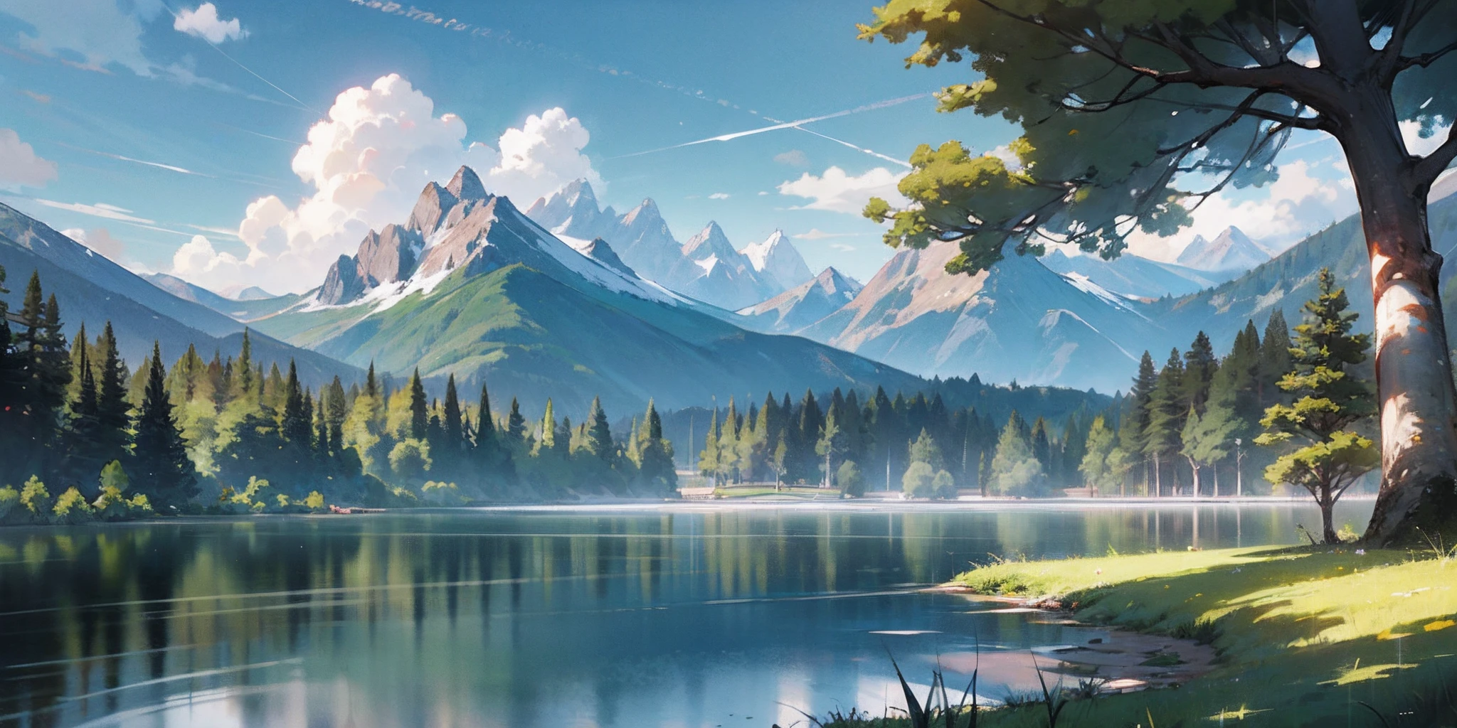 Create images of magnificent and detailed natural landscapes, with majestic mountains in the background,In the foreground is a large clear lake. Tree-lined lakeside, There is a small waterfall in one corner. The sky is bright,White clouds and a bright sun create a glow on the water. The landscape must be hyperrealistic, Meticulous details and natural colors