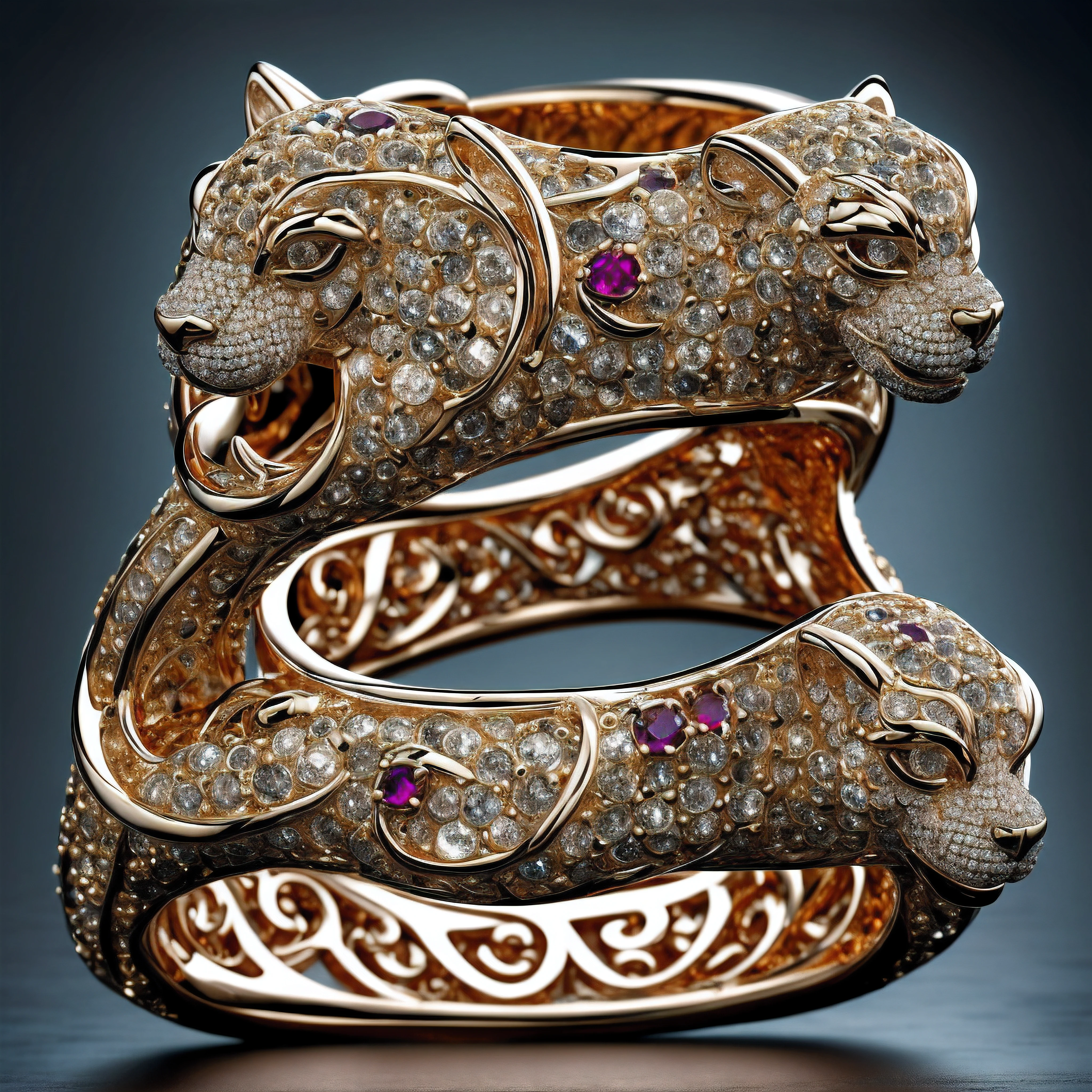 Create the most awe-inspiring and breathtaking representation of a jaguar's head ring, a true masterpiece of craftsmanship and opulence. This solid gold ring, crafted from the purest 24-carat gold, takes the form of a jaguar's head, meticulously detailed and capturing every nuance of this majestic creature. The jaguar's head should be rendered with the highest resolution possible, highlighting the intricate lattice work of the gold, giving it a lifelike texture. The jaguar's eyes should be encrusted with brilliant rubies that sparkle with inner fire, adding a mesmerizing touch of luxury and allure. The ring should be expertly placed atop a crystal-clear ice block, creating a captivating contrast between the fiery gold and the icy coolness of the crystal. The jeweler's workshop serves as the backdrop, filled with the tools and equipment of the trade, highlighting the artistry and dedication that goes into creating such a masterpiece. Utilize intricate depth of field to focus on the jaguar's head ring and its mesmerizing details while gently blurring the background elements, creating a sense of depth and visual interest. Implement volumetric lighting that casts warm, inviting rays of light onto the gold ring, illuminating the ruby eyes with a rich, inner glow. The workshop should be bathed in soft, diffused light that adds a touch of nostalgia and warmth to the scene. Create this image as a 3D masterpiece, utilizing the most advanced rendering techniques, including CG9Studio, to ensure the utmost precision and detail in every aspect of the image. This rendering should be a testament to the highest levels of craftsmanship and artistry, capturing the fusion of natural beauty, human skill, and the timeless allure of fine jewelry. The result should be a breathtaking work of art, where every facet of the jaguar's head ring shines with unparalleled brilliance and realism