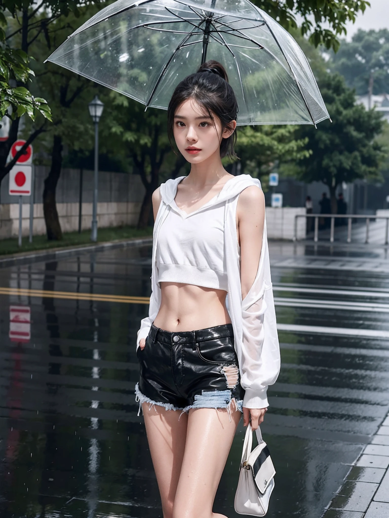 ((smallunderboob,Tomboyish,small heads)), (Well-defined abs: 1.1), (perfect bodies: 1.1), (short-length straighthair: 1.2), Black hair, upper body photos, attractive collarbone，nabel，（极其细致的CG 8k壁纸），（Extremely refined and beautiful），（tmasterpiece），（best qualtiy：1.0），（超高分辨率：1.0），beautiful light up，Perfect lightning，realistic shaded，[A high resolution]，Smooth and flawless fair skin，ultra - detailed ，Elongated legs，flatchest，Slim，emaciated，Short ponytail hair，White sheer tulle hooded cardigans，Gilet blanc，Black shorts，White sneakers，夏天，Dark night，overcast day，Rainy days，with intense rain，A sea of people，at the doorstep of a school，Outside the walls，are standing，outside，Tree-lined roadsides，Holding a transparent umbrella in his hand，Wet hair，The clothes on her body were soaked and her skin was immediately on，Water droplets are all over the body