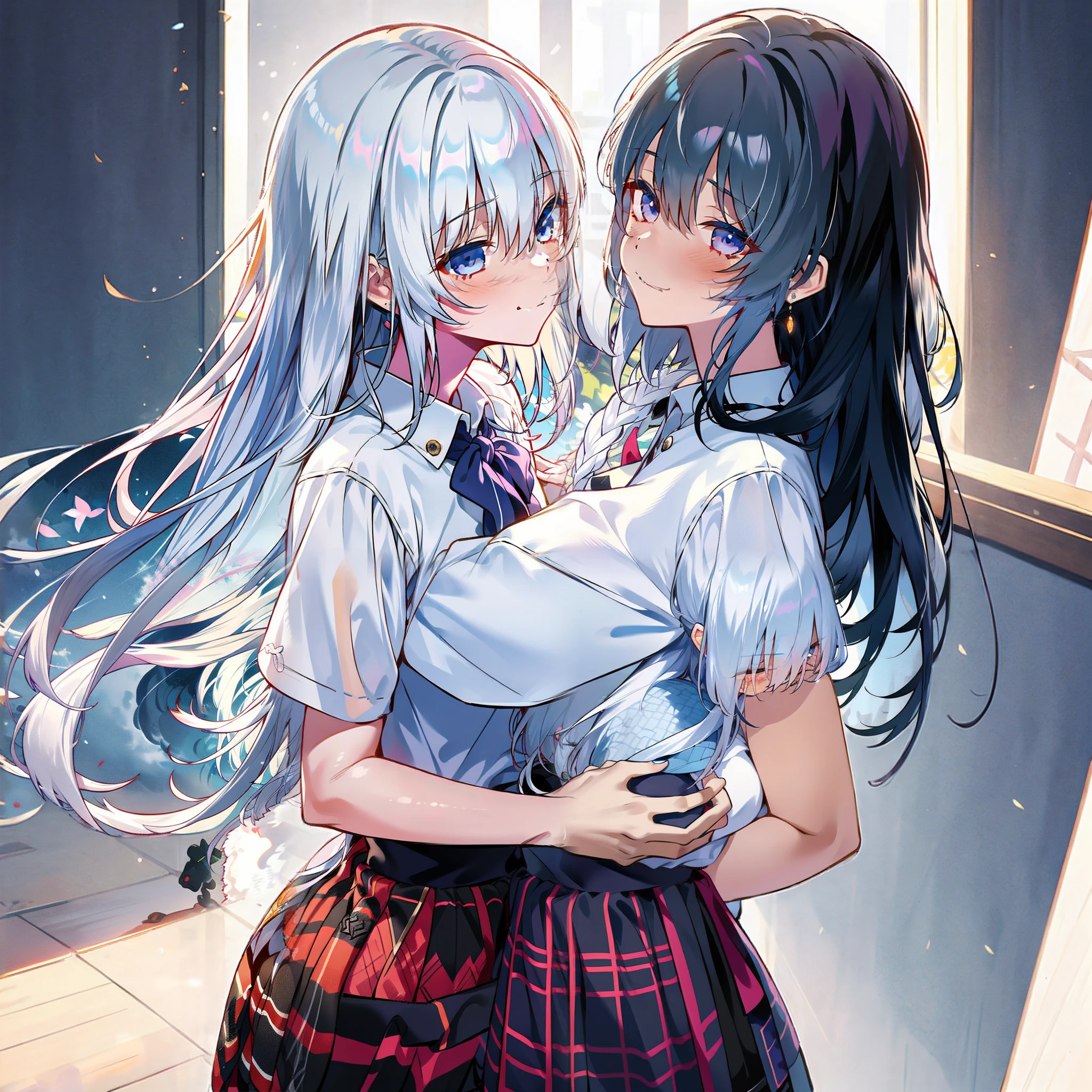Anime image of two girls in school uniforms hugging each other, two beautiful anime girls, Anime girls, white haired Cangcang, Perfect white haired girl, Guweiz in Pixiv ArtStation, Guweiz on ArtStation Pixiv, nixeu and sakimichan, White-haired, sakimichan and frank franzzeta, from girls frontline