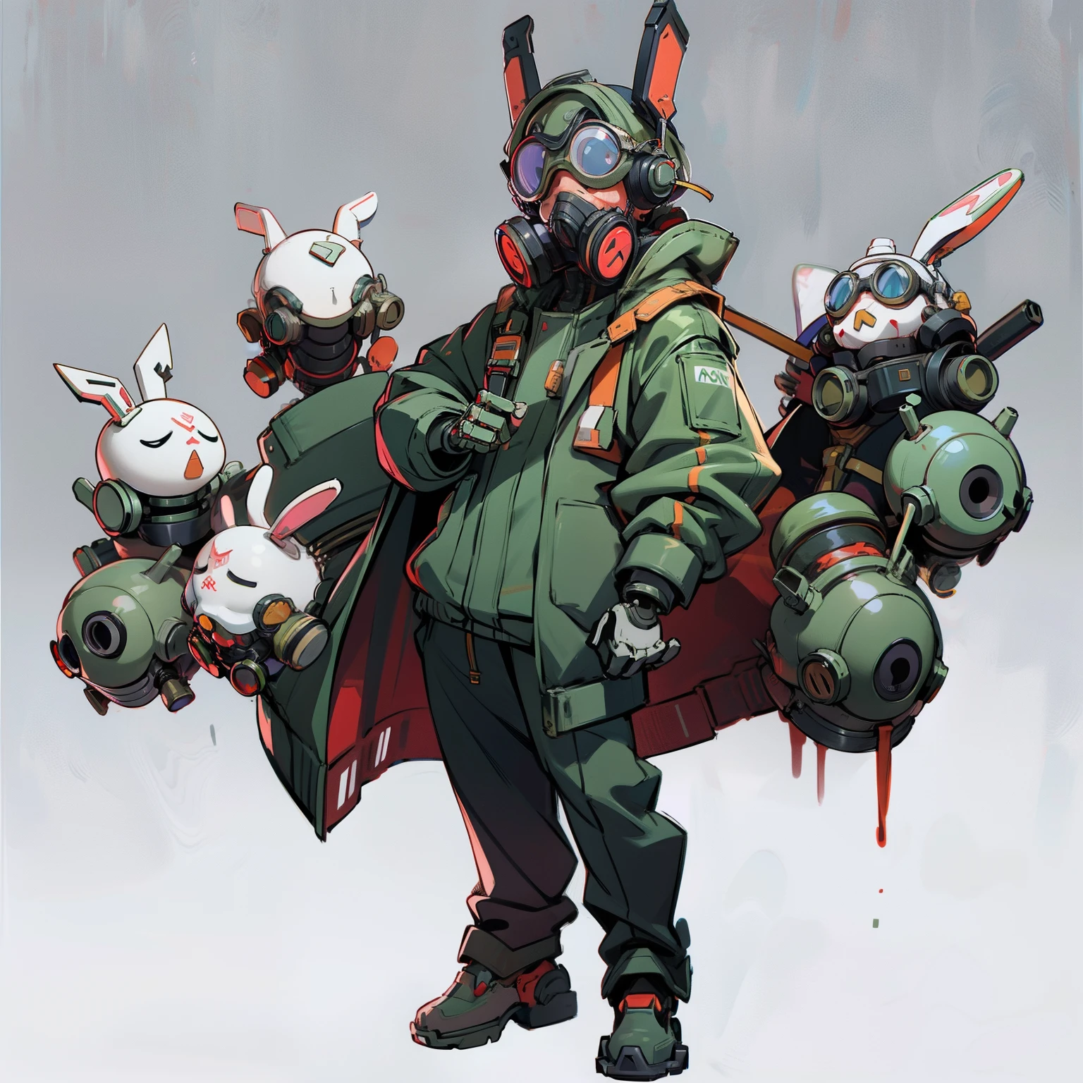 masutepiece, Best Quality, Full body shot, No background, White background, a gas mask, Robot goggles, headphones, mechanical bunny hat, Military coat, Man's, chibi