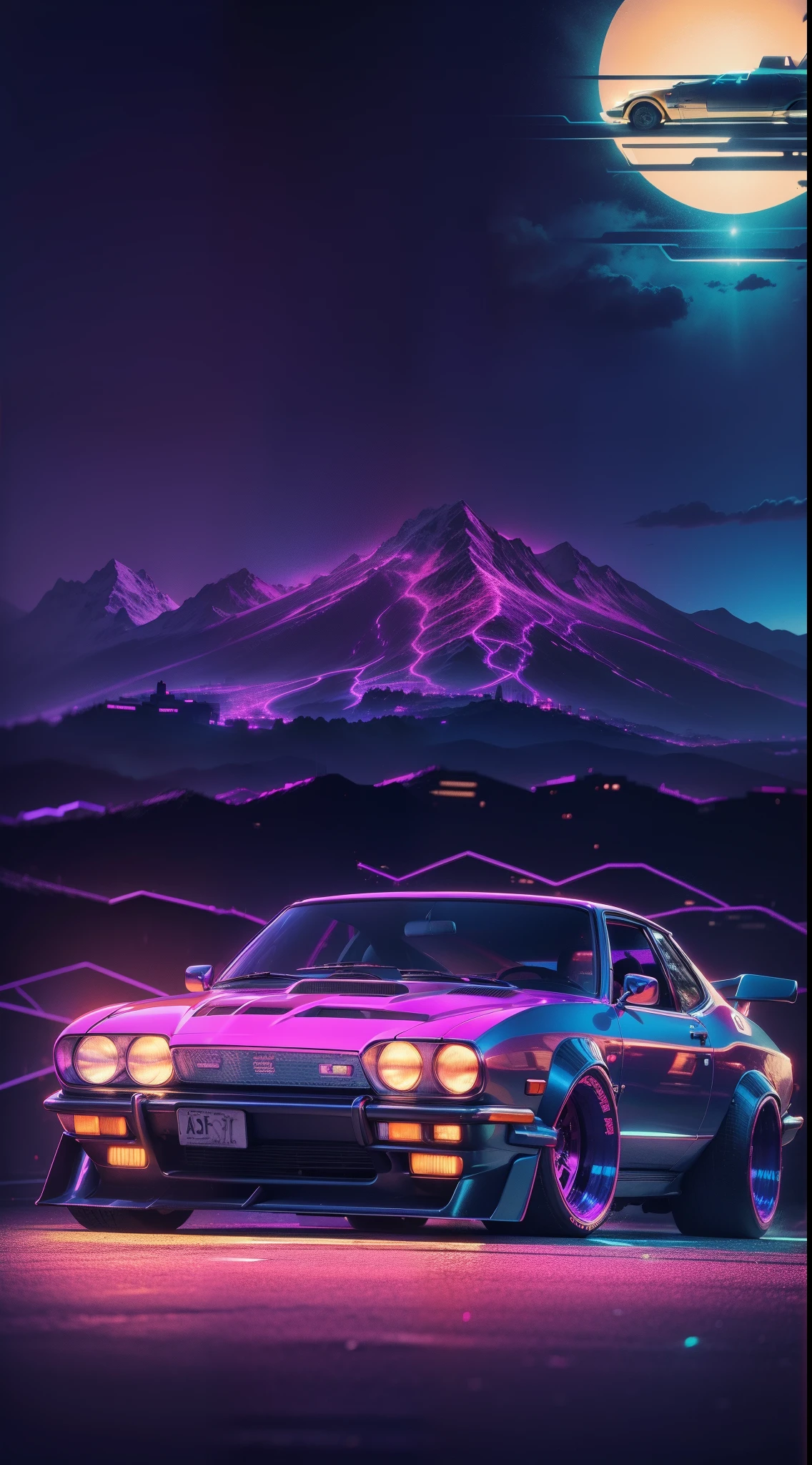 retrowave. city, 1969 Nissan S30, wide body kit, road, purple neon lights, sun, mountain, (masterpiece, detailed, highres),