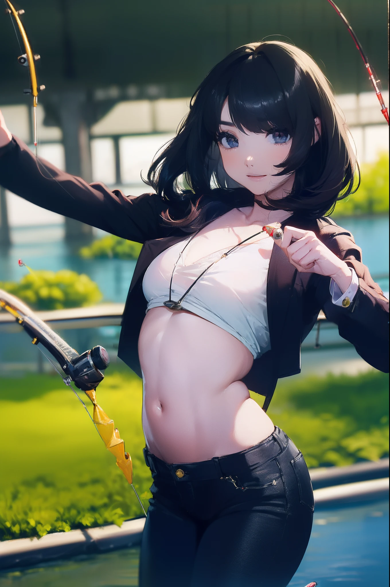 ((((casting a lure and having fishing rod with a reel by the lakeside:1.5)))),((Female 28 years old)),((Best Quality:1.5)),(((Hands with the correct number and structure of fingers:1.4))),((Big fish:1.37)),hight resolution,ultra-detailliert,masterpiece,best qualtiy,(Eight-headed body),Black hair, long eyes-lashes, Solid Circle Eyes, drop shadow, Atmospheric perspective,Super Detail, ccurate, small brest,(Black jacket and black jeans :1.1),top-quality, blurry backround, bokeh dof:1.2, (masterpiece:1.3), Atmospheric perspective,Super Detail,dynamic compositions,