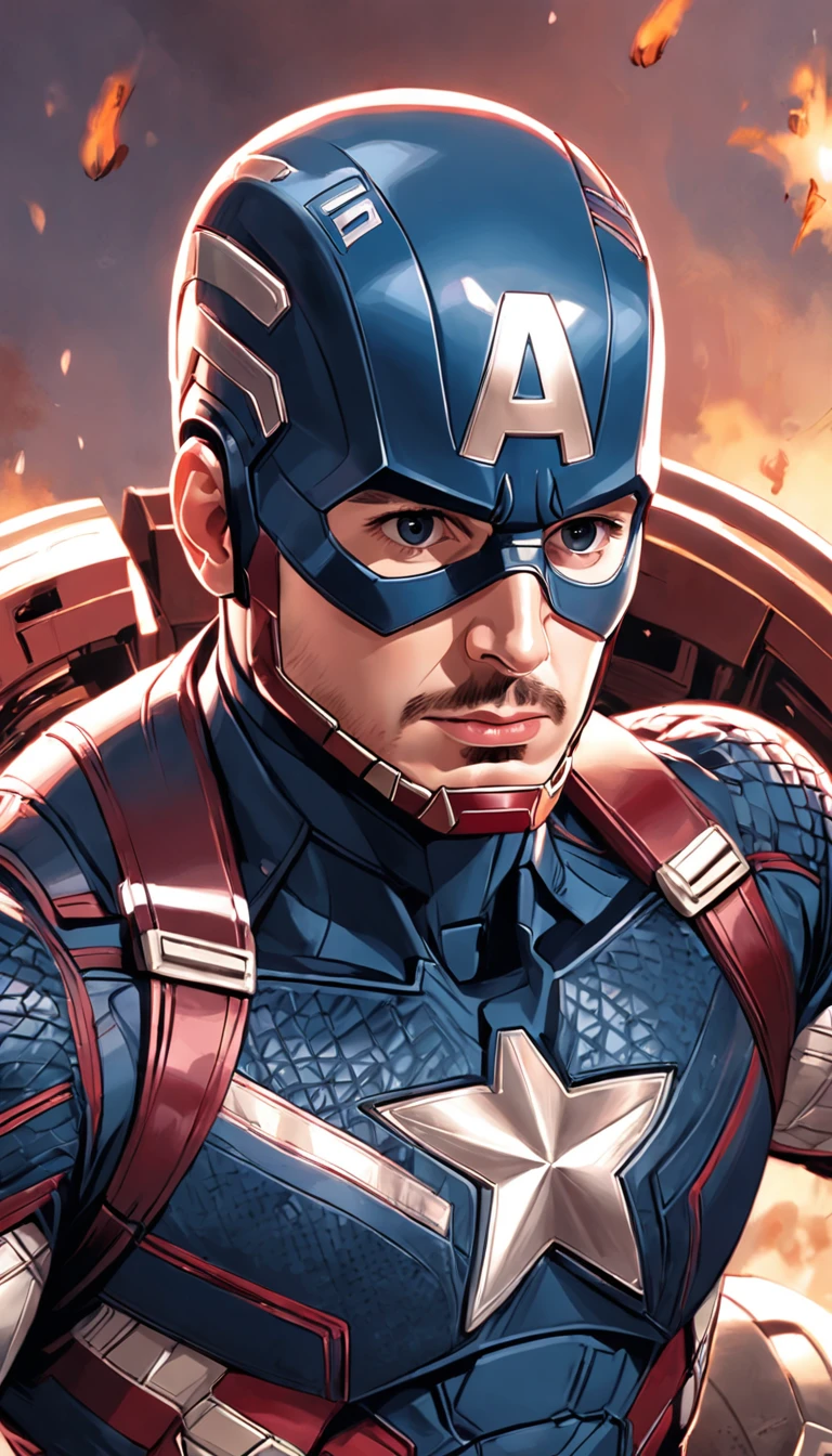 "Detailed illustration of Chris Evans as Captain America, Face Robert Downey Jr (Wearing Iron Man armor)."