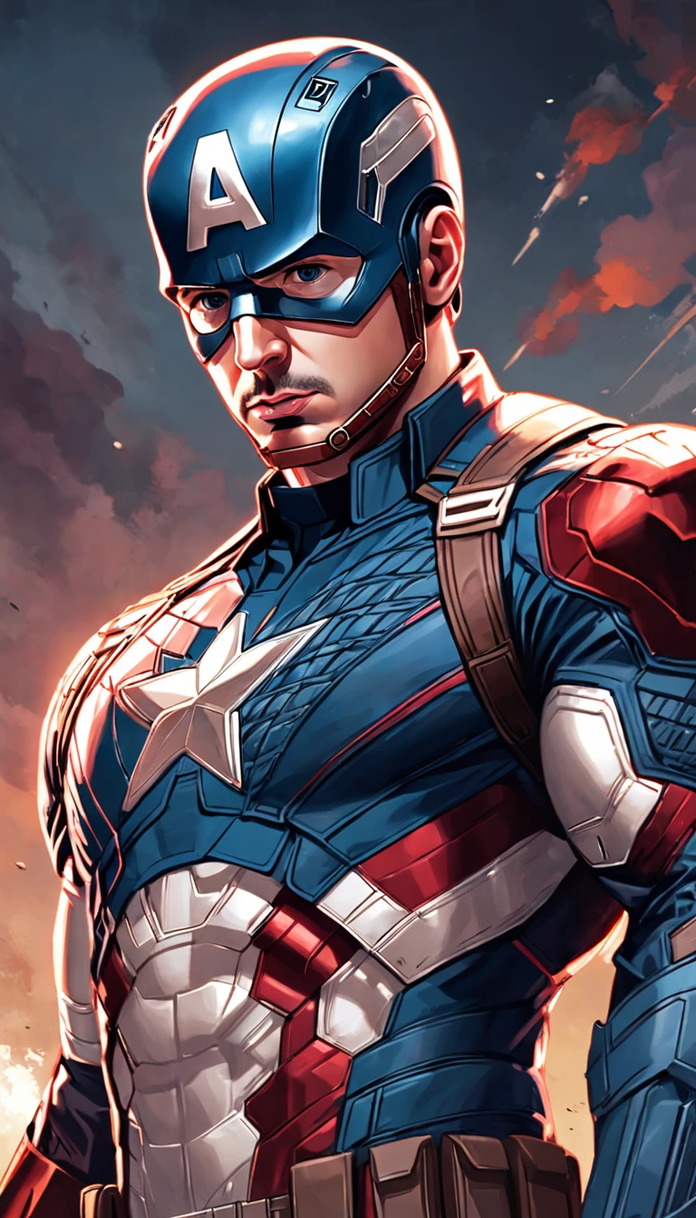 In this captivating image, Cristiano Ronaldo embodies the iconic character of Captain America. Donning the iconic red, white, and blue suit, the details of the costume are meticulously crafted, from the star-spangled shield on his chest to the intricate detailing on the suit itself. The background is a vibrant explosion of colors, a flashy backdrop that accentuates the boldness of Ronaldo's Captain America persona.
Holding the Captain America's shield with a confident grip, Ronaldo's face is a picture of resolve. His strong jawline is accentuated by a short, thick beard, and his eyes, with their hyper-det