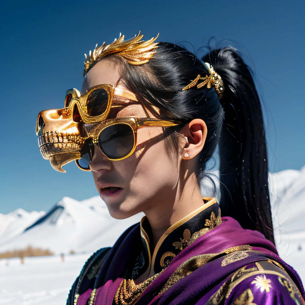 On a snowy morning,32K(tmasterpiece,k hd,hyper HD,32K)Purple-pink double ponytail,flower stick,Indigo Skull King ,Mahogany steering wheel (The skeleton is realistic:1.4),Crocodile pattern robe,Rusty skull ornaments,Sargin linen cloak,Petals flutter,Deep gold sunglasses,Hold your head high,Be proud,The nostrils look at people,A primary and secondary school student, A high resolution,Xueba, the detail, RAW photogr, Sharp Re, Nikon D850 Film Stock Photo by Jefferies Lee 4 Kodak Portra 400 Camera F1.6 shots, Rich colors, ultra-realistic vivid textures, Dramatic lighting, Unreal Engine Art Station Trend, cinestir 800,Hold your head high,Lateral face,Be proud,The nostrils look at people,Tsundere,Petals flutter,Petals flutter,Crocodiles sprinkled with gold dust,Fluttering,Impeccable,( reasonable design, Clear lines, High sharpness,Best quality, Very detailed skeleton, The skeleton of a masterpiece, offcial art, movie light effect, 8K crocodile skeleton(((Platinum marble sunglasses)))Deep gold sunglasses,side portrait