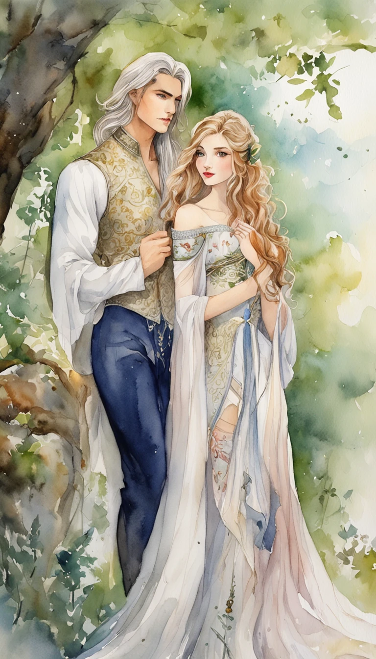In a fairyland-like forest, A handsome young man with long silver hair stood to his left what was thought to be a sexy beauty with long black hair,On the right stands a sexy beauty with long blonde hair