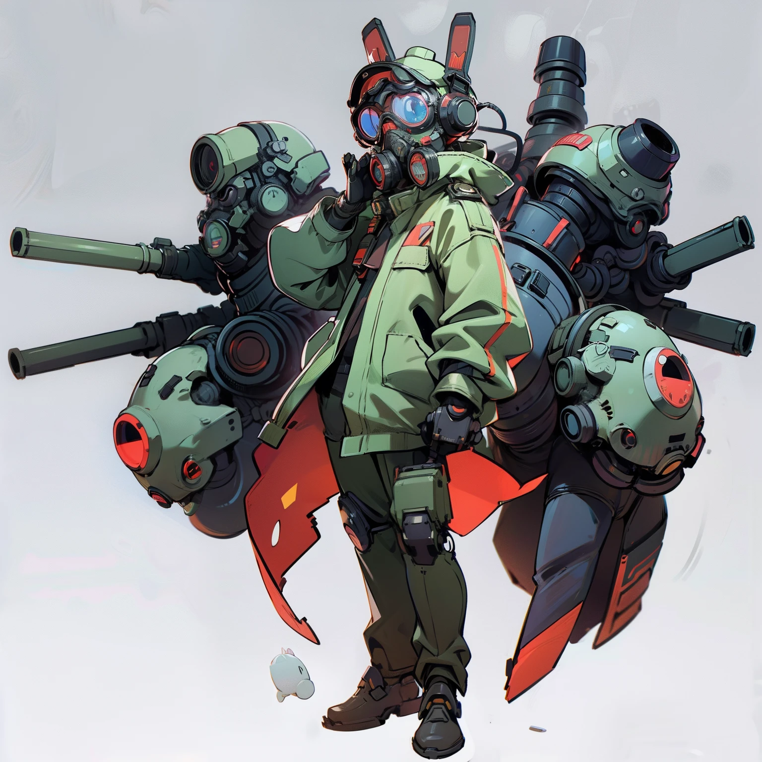 masutepiece, Best Quality, ((Full body shot)), No background, White background, a gas mask, Robot goggles, headphones, mechanical bunny hat, Military coat, Man's,