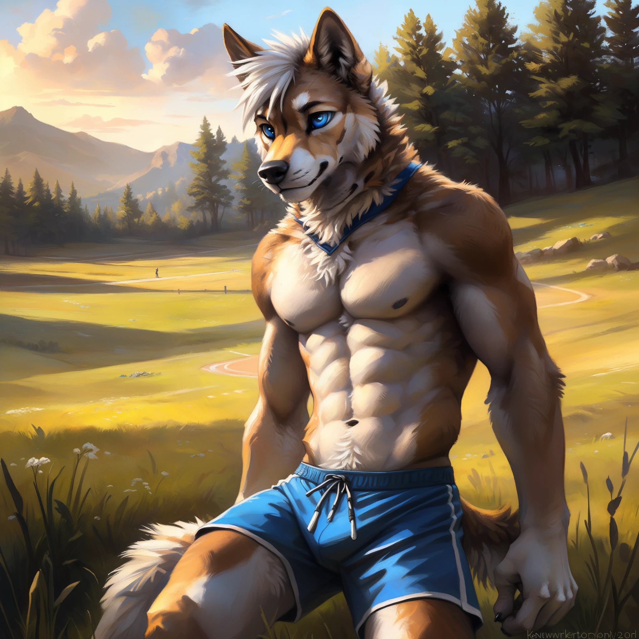 ((Solo)), male people, anthro wolf, (Multi-colored fur, Black White Taupe:1.3), ((Dog face, White hair, Big eyes, White eyelids, Blue pupil, Slim:1.2) (Tough, Calm expression:1.2)), ((sport:1.1)), Abs, Slim, pinging)), (Correct anatomy), (Work shorts:1.1), (Contoured bones:1.2), naked torso, (detailed outfits), (Realistic fur, Detailed fur texture, labeled:1.3)), (Natural lighting), Photorealistic, Hyperrealistic, ultradetailed, by Kenket，grass field