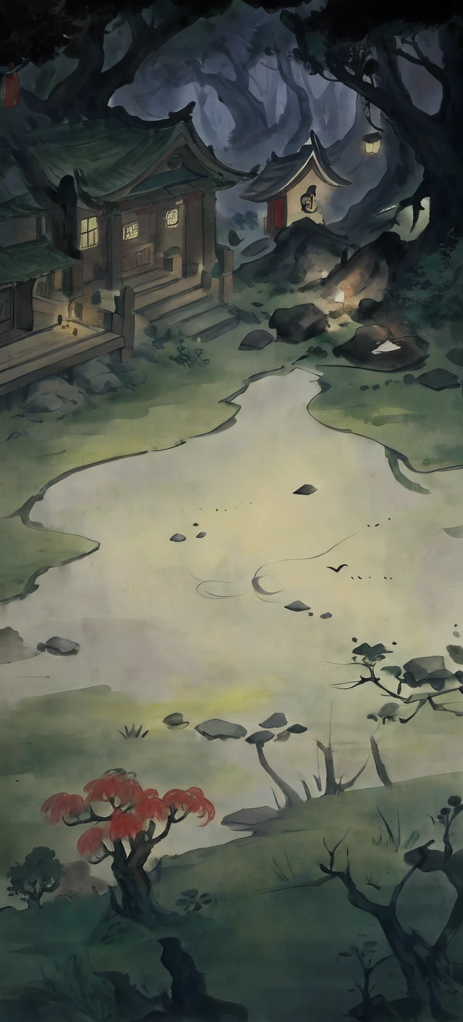 Stone floor,Chinese-style scene,ink wash style,Woods scene,There are a lot of elf venues