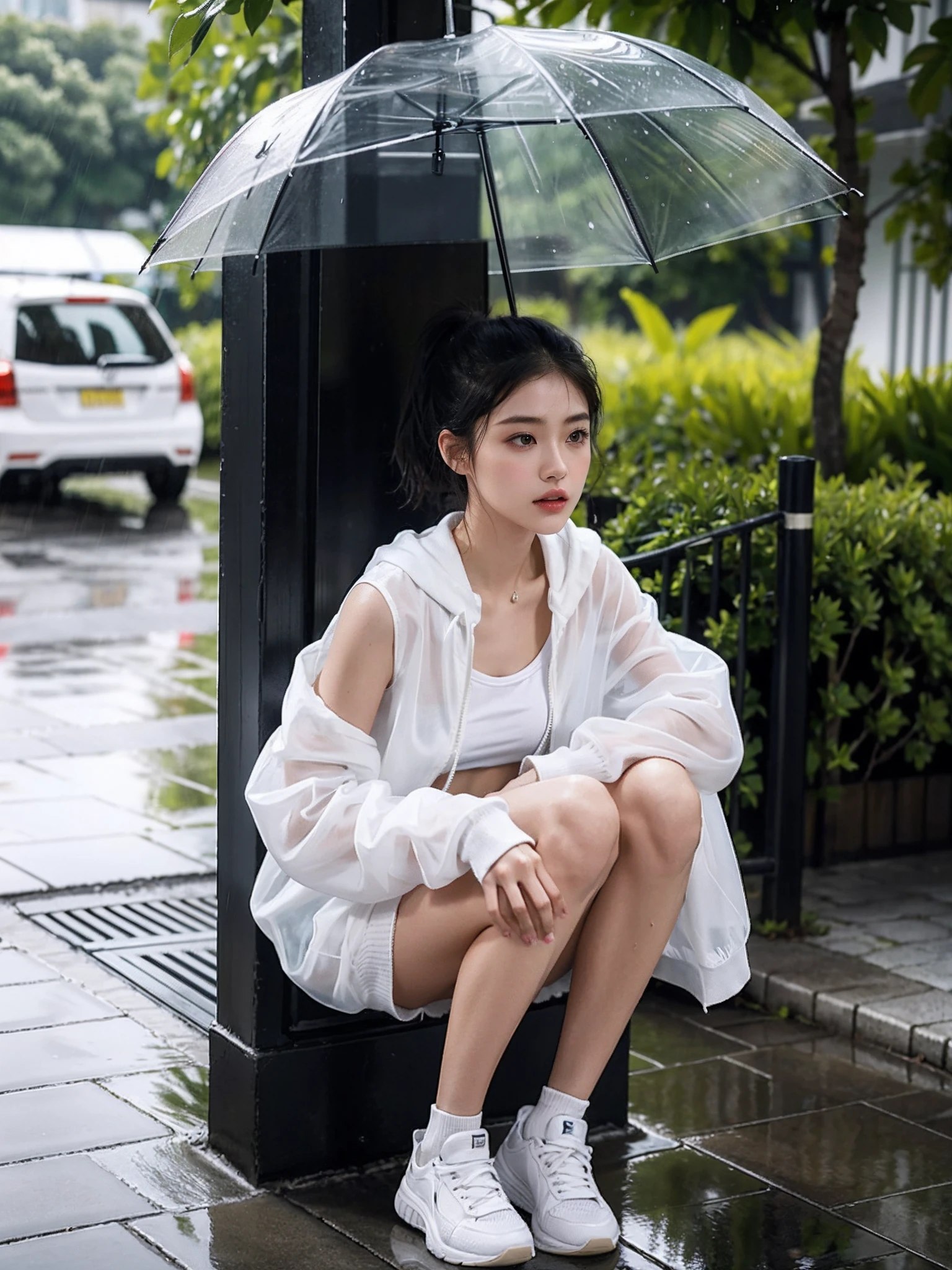 ((smallunderboob,Tomboyish,small heads)), (Well-defined abs: 1.1), (perfect bodies: 1.1), (short-length straighthair: 1.2), Black hair, upper body photos, attractive collarbone，nabel，（极其细致的CG 8k壁纸），（Extremely refined and beautiful），（tmasterpiece），（best qualtiy：1.0），（超高分辨率：1.0），beautiful light up，Perfect lightning，realistic shaded，[A high resolution]，Smooth and flawless fair skin，ultra - detailed ，Elongated legs，flatchest，Slim，emaciated，Short ponytail hair，White sheer tulle hooded cardigan，White transparent vest，Black shorts，White sneakers，夏天，Dark night，overcast day，Rainy days，with intense rain，A sea of people，at the doorstep of a school，Outside the walls，are standing，outside，Tree-lined roadsides，Holding a transparent umbrella in his hand，Wet hair，Her clothes were soaked，Clothing clings to the skin，Water droplets are all over the body