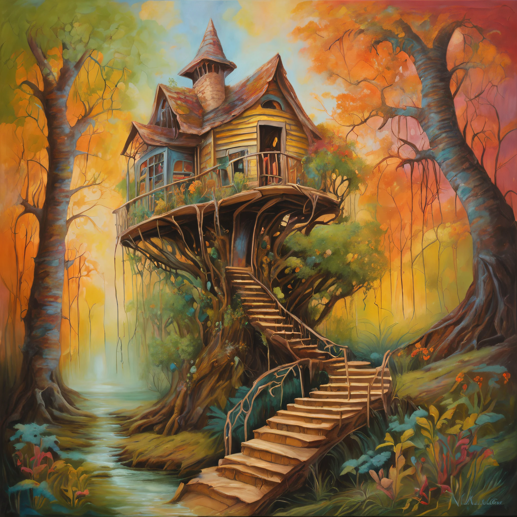 Fantasy tree home in deals watercolor.