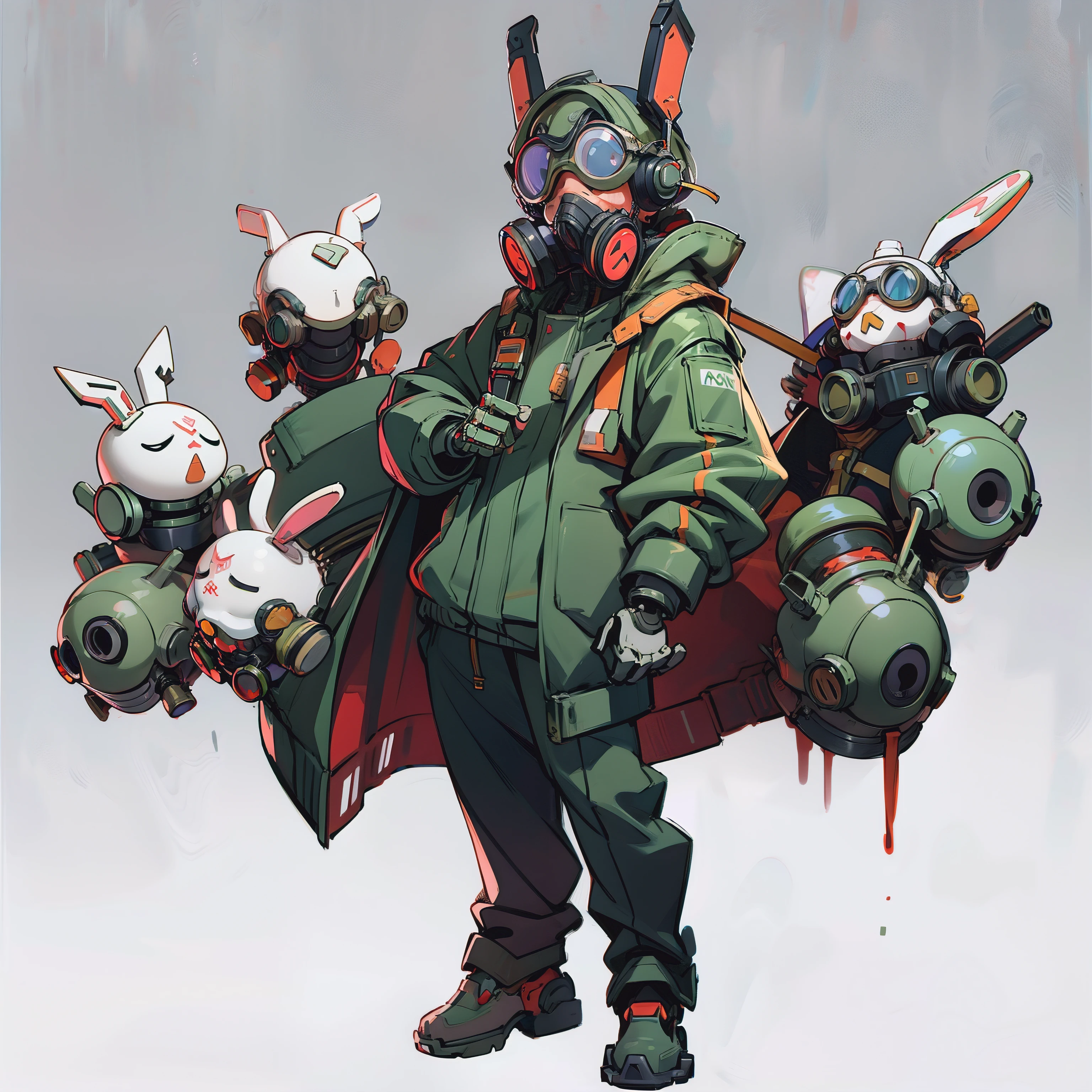 masutepiece, Best Quality, Full body shot, No background, White background, a gas mask, Robot goggles, headphones, mechanical bunny hat, Military coat, Man's, chibi
