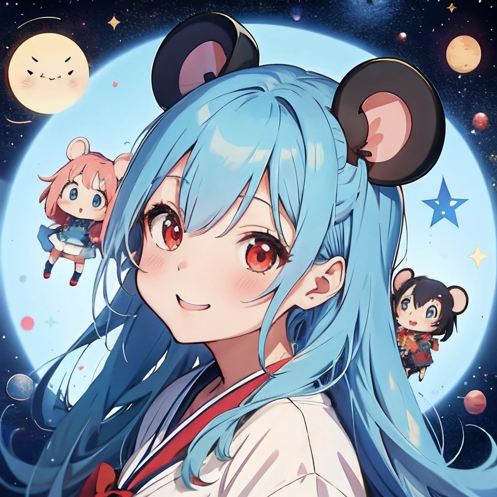 Anime girl with light blue hair, girl with1a person、(personification)、straight haired、Red hair ornament、Anime girl with round ears of a mouse, Anime visuals of cute girls, (Wearing a red kimono)(large ears that are round and white,,)、(I have a pet rat next to me)、portlate、(Outer space background)Outer space background、(A big smile)