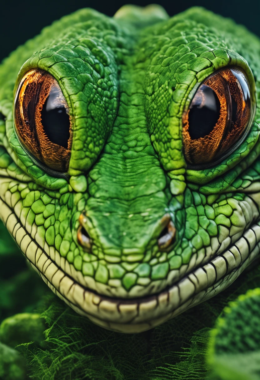 High nation-geographic symmetrical close-up portrait shoot in green jungle of an expressive lizard, anamorphic lens, ultra-realistic, hyper-detailed, green-core, jungle-core –ar 16:9 –q 2 –v 5