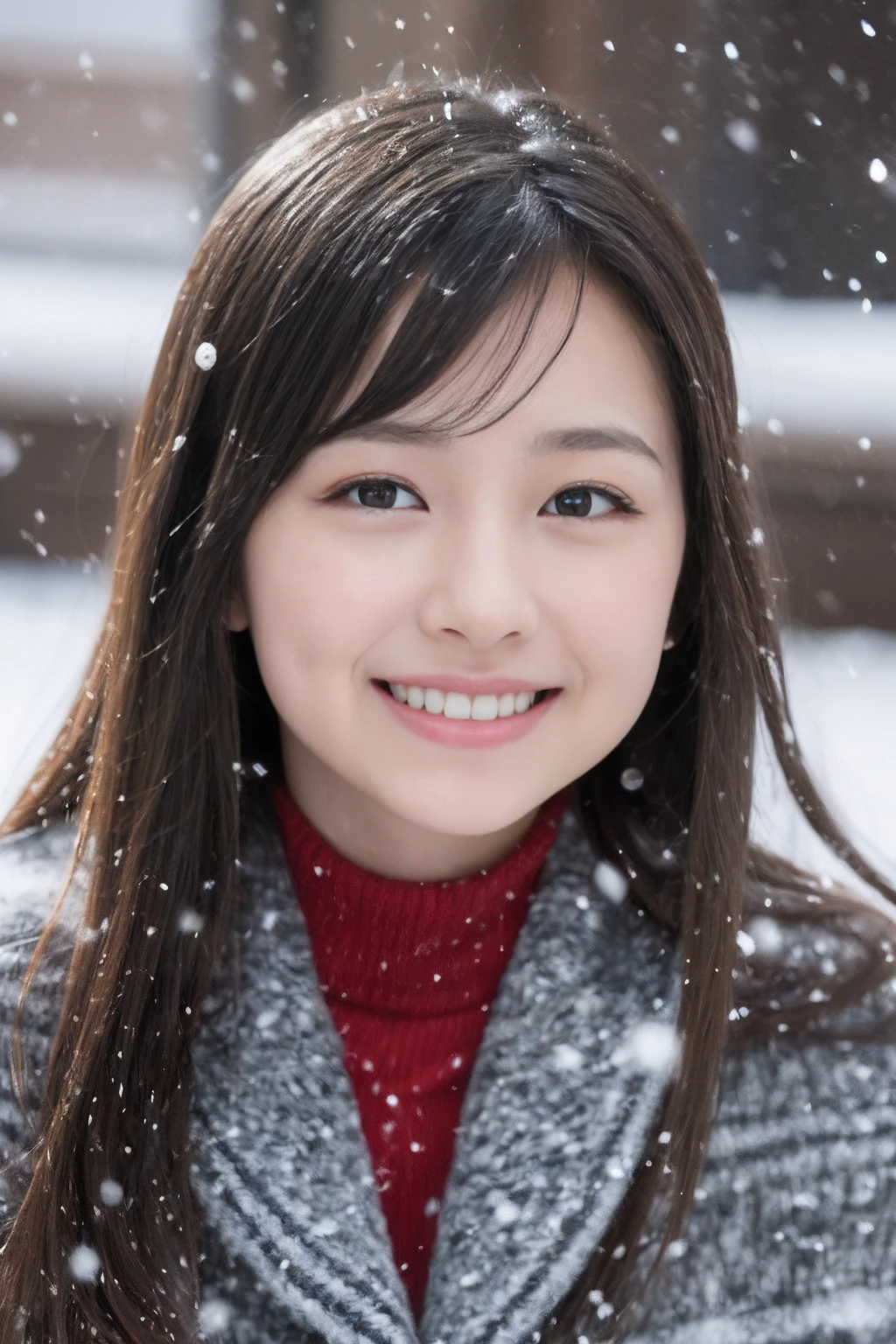 ((Show face only、Close-up of face))、(realisitic、Photorealsitic、ultra-detailliert、Highest Details Skins、top-quality、masterpiece、超A high resolution)、Cute Japan Woman、17 age、hi-school girl、younggirl、Thin makeup、1 girl in、I have bangs、二重まぶた、drooing eyes、Large black eyes、Japanese style face、ssmile、Charming、purity、Cute smile、double tooth、View here、Realistic skin type、Thick muffler、Grey muffler、fluffy hair、Hair is curled、Red cheeks、The wind is blowing、It's snowing、Lighting from behind