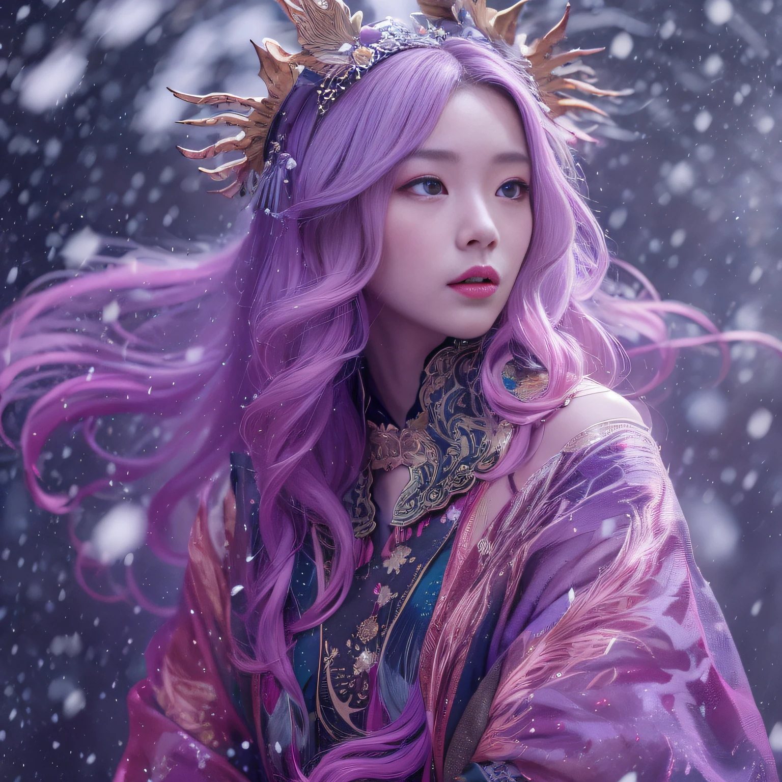 Snow hoop exclusion area 32K(tmasterpiece,k hd,hyper HD,32K)Long flowing purple-pink hair,Autumn Pond,zydink, a color, Tongzhou people (Girl with glowing eyes), (Thin silk scarf), Combat posture, looking at the ground, long whitr hair, Floating hair, Python headdress, Chinese long-sleeved clothing, (abstract ink splash:1.2), white backgrounid,Lotus protector(realisticlying:1.4),Purple-pink hair,Snowflakes fluttering,The background is pure, A high resolution, the detail, RAW photogr, Sharp Re, Nikon D850 Film Stock Photo by Jefferies Lee 4 Kodak Portra 400 Camera F1.6 shots, Rich colors, ultra-realistic vivid textures, Dramatic lighting, Unreal Engine Art Station Trend, cinestir 800,Long flowing purple-pink hair