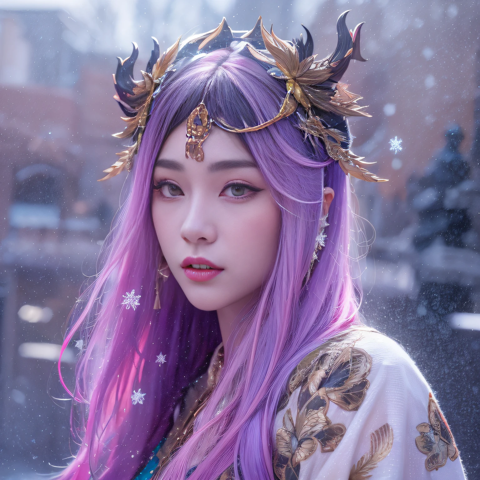 Snow hoop exclusion area 32K(tmasterpiece,k hd,hyper HD,32K)Long flowing purple-pink hair,Autumn Pond,zydink, a color, Tongzhou people (Girl with glowing eyes), (Thin silk scarf), Combat posture, looking at the ground, long whitr hair, Floating hair, Python headdress, Chinese long-sleeved clothing, (abstract ink splash:1.2), white backgrounid,Lotus protector(realisticlying:1.4),Purple-pink hair,Snowflakes fluttering,The background is pure, A high resolution, the detail, RAW photogr, Sharp Re, Nikon D850 Film Stock Photo by Jefferies Lee 4 Kodak Portra 400 Camera F1.6 shots, Rich colors, ultra-realistic vivid textures, Dramatic lighting, Unreal Engine Art Station Trend, cinestir 800,Long flowing purple-pink hair