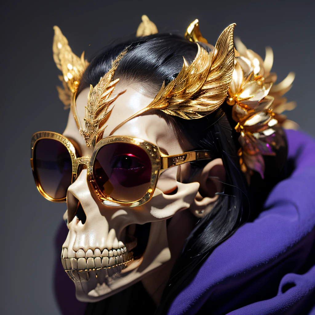 On a snowy morning,32K(tmasterpiece,k hd,hyper HD,32K)Purple-pink double ponytail,flower stick,Indigo Skull King ,Mahogany steering wheel (The skeleton is realistic:1.4),Crocodile pattern robe,Rusty skull ornaments,Sargin linen cloak,Petals flutter,Deep gold sunglasses,Hold your head high,Be proud,The nostrils look at people,A primary and secondary school student, A high resolution,Xueba, the detail, RAW photogr, Sharp Re, Nikon D850 Film Stock Photo by Jefferies Lee 4 Kodak Portra 400 Camera F1.6 shots, Rich colors, ultra-realistic vivid textures, Dramatic lighting, Unreal Engine Art Station Trend, cinestir 800,Hold your head high,Lateral face,Be proud,The nostrils look at people,Tsundere,Petals flutter,Petals flutter,Crocodiles sprinkled with gold dust,Fluttering,Impeccable,( reasonable design, Clear lines, High sharpness,Best quality, Very detailed skeleton, The skeleton of a masterpiece, offcial art, movie light effect, 8K crocodile skeleton(((Platinum marble sunglasses)))Deep gold sunglasses,side portrait
