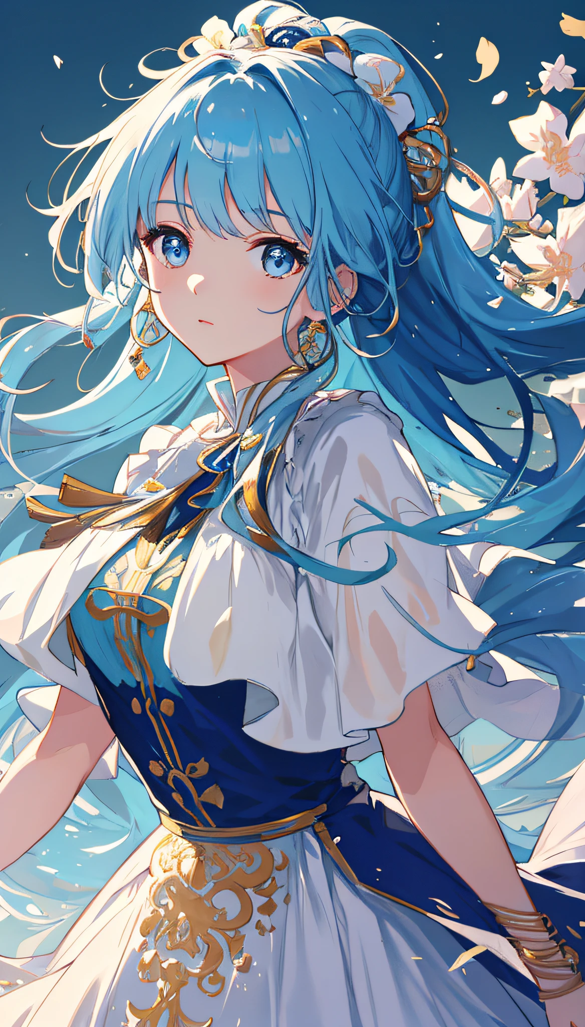 (masterpiece), (best quality), (ultra detailed),(disheveled hair),(illustration), (1girl), (Fashionable clothing), standing, Fashion model, looking at viewer, (interview), (simple background),beautiful detailed eyes, delicate beautiful face, Floating,(high saturation),(colorful splashes),colorful bubble,(shining), focus on face,  ponytail, kamisato ayaka, light blue hair, bangs, hair ring, floating flowers, floating hairs, (shining), best lighting, best shadow,