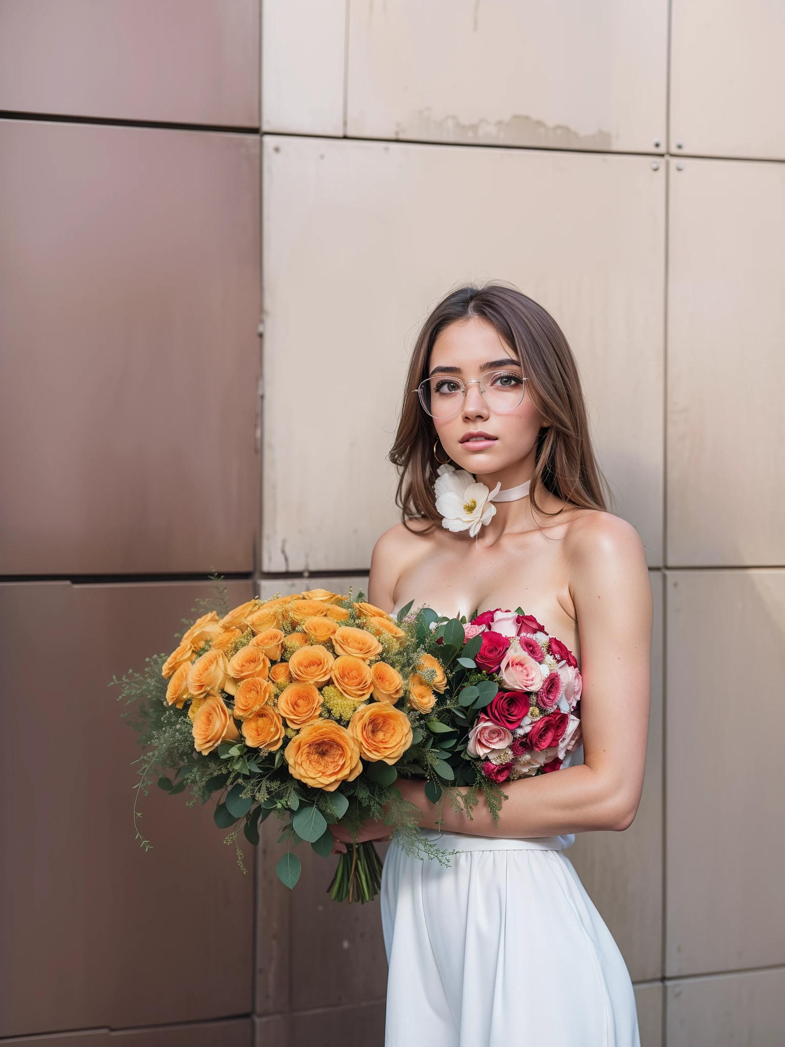 Girl with a bouquet of roses near the building, Detailed roses, Fresh flowers, A bouquet of flowers in your hands, High resolution and high quality photography,