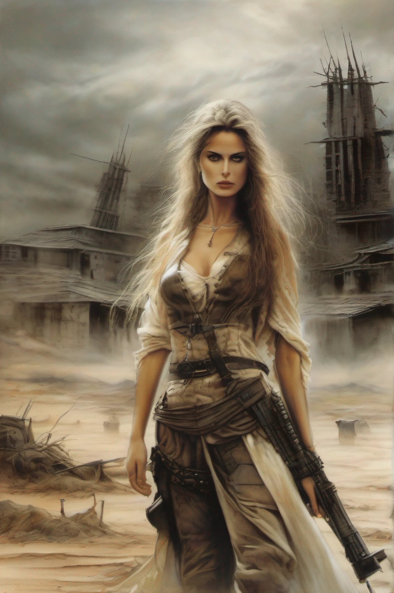 Luis Royo-like illustration of a beautiful long-haired woman resembling Nastassja Kinski in a post-apocalyptic landscape. Full body illustration