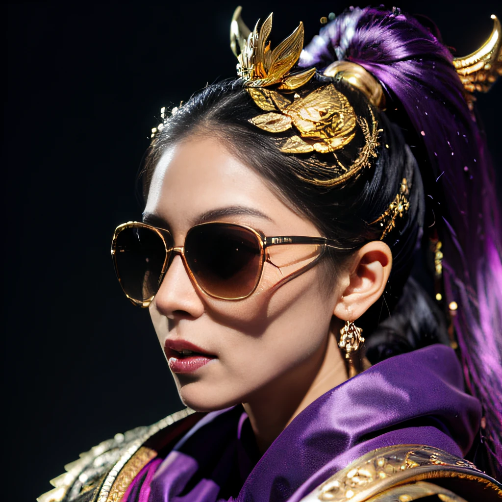 On a snowy morning,32K(tmasterpiece,k hd,hyper HD,32K)Purple-pink double ponytail,flower stick,Indigo Skull King ,Mahogany steering wheel (The skeleton is realistic:1.4),Crocodile pattern robe,Rusty skull ornaments,Sargin linen cloak,Petals flutter,Deep gold sunglasses,Hold your head high,Be proud,The nostrils look at people,A primary and secondary school student, A high resolution,Xueba, the detail, RAW photogr, Sharp Re, Nikon D850 Film Stock Photo by Jefferies Lee 4 Kodak Portra 400 Camera F1.6 shots, Rich colors, ultra-realistic vivid textures, Dramatic lighting, Unreal Engine Art Station Trend, cinestir 800,Hold your head high,Lateral face,Be proud,The nostrils look at people,Tsundere,Petals flutter,Petals flutter,Crocodiles sprinkled with gold dust,Fluttering,Impeccable,( reasonable design, Clear lines, High sharpness,Best quality, Very detailed skeleton, The skeleton of a masterpiece, offcial art, movie light effect, 8K crocodile skeleton(((Platinum marble sunglasses)))Deep gold sunglasses,side portrait
