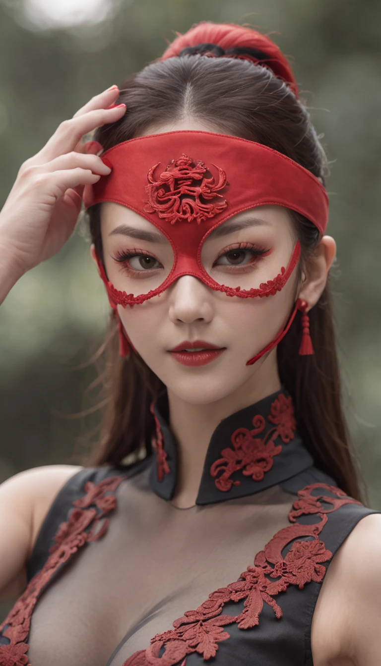 Self-portrait of a woman, Master parts, extremely detaile, best qualityer, Pair it with kung fu outfits, (((Use a facial eye protection mask))), Red mask, extremely detaile, as Sasha Street. (8K, SuperiorQuality, best qualityer, tmasterpiece, highly  detailed: 1.2), (((Low-arm posture, Both hands are lowered)))