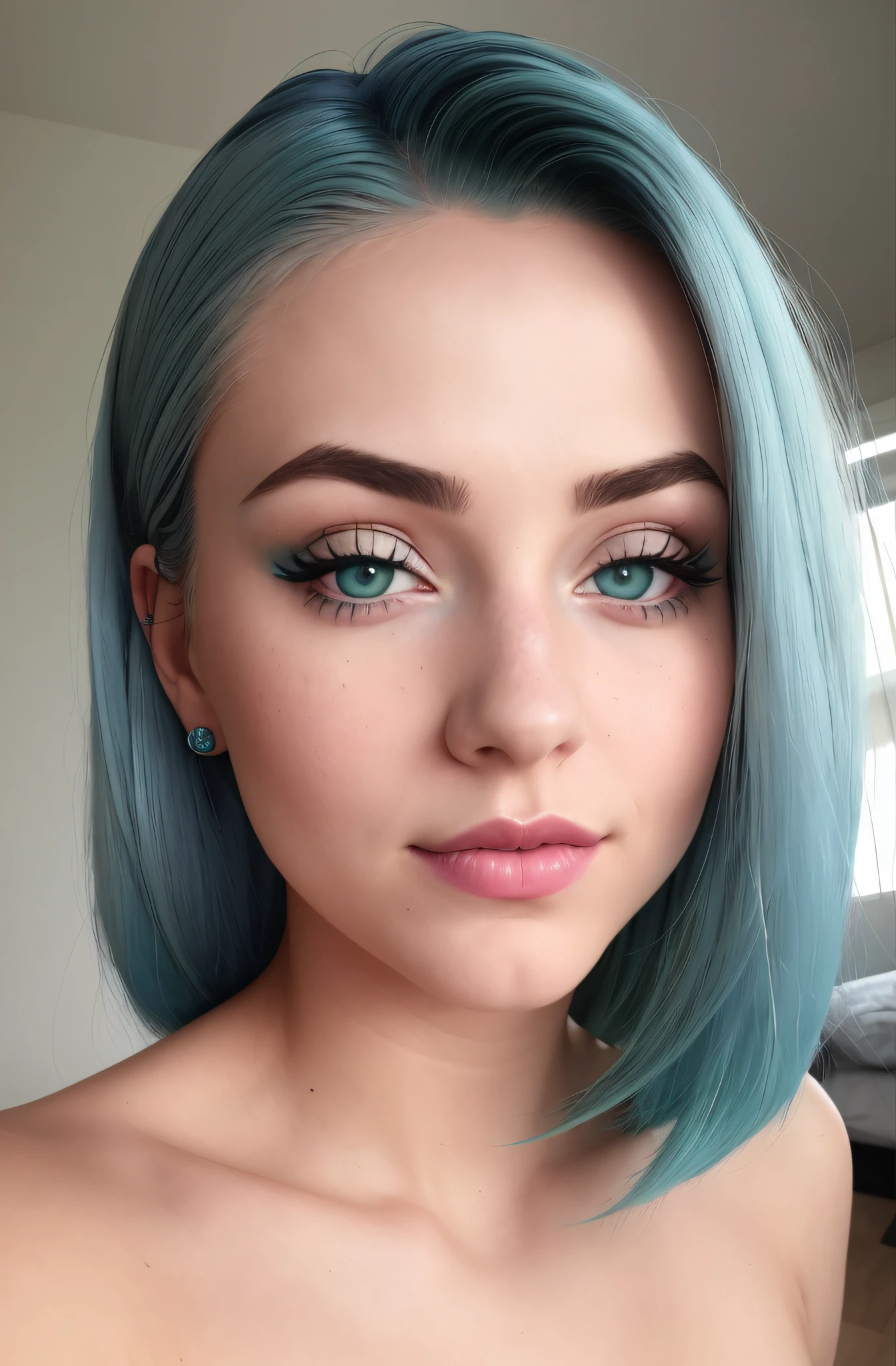 a close up of a woman with blue hair and a green wig, pretty girl with blue hair, teal eyebrows, pastel blue eyes, sexy face with full makeup, light blue piercing eyes, beautiful blue haired girl, jade colored eyes, soft portrait shot 8 k, straight green hair, turquoise eyes, kawaii realistic portrait, turquoise blue face, green eyes