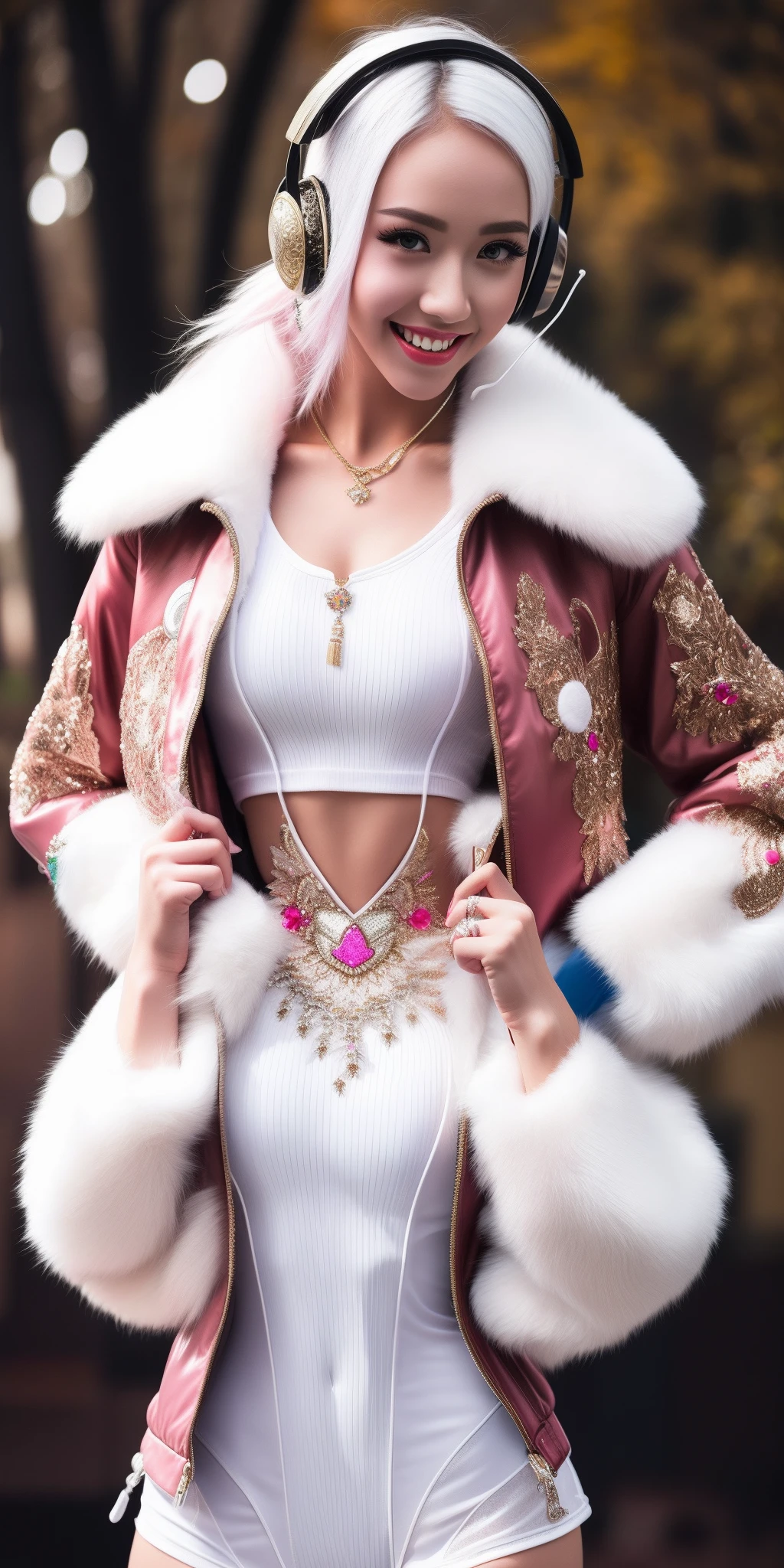 (RAW photo, best quality, masterpiece:1.2), (realistic, photo-realistic:1.4),(masterpiece:1.4),(best quality:1.4),1girl, solo, :d, animal ear headphones, animal ears, arms up, bangs, blush, bodysuit, breasts, bunny pose, clothes writing, covered navel, cowboy shot, cropped jacket, fake animal ears, gloves, outdoor,morning,snow, hair intakes, headphones, impossible bodysuit, impossible clothes, jacket, large breasts, latex, latex bodysuit, long hair, long sleeves, looking at viewer, large breasts, multicolored gloves, open mouth, pink bodysuit, pink eyes, red eyes, red jacket, shiny clothes, shrug \(clothing\), sidelocks, skin tight, smile, thigh gap, thighs, twintails, very long hair, white gloves, white hair,alice \(nikke\),(shiny skin),realistic,
