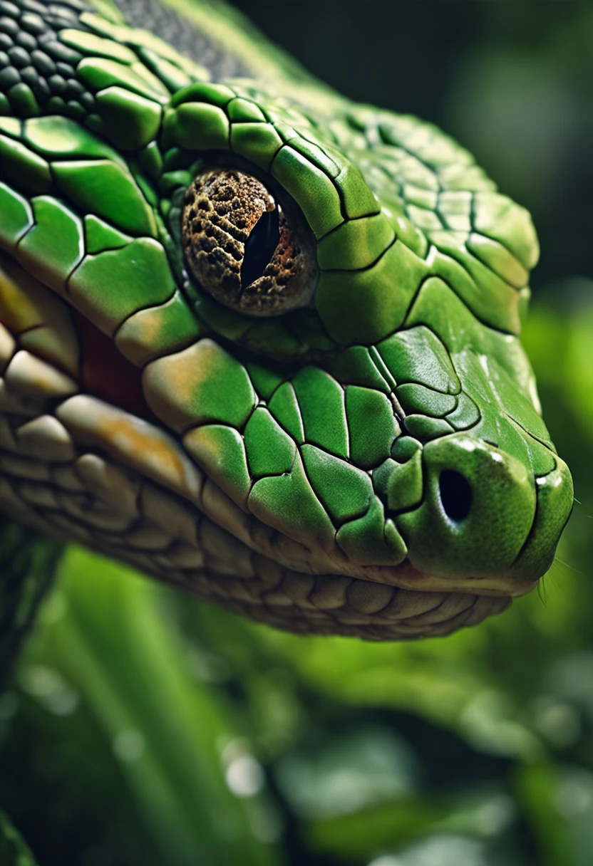 High nation-geographic symmetrical close-up portrait shoot in green jungle of an expressive snake, anamorphic lens, ultra-realistic, hyper-detailed, green-core, jungle-core –ar 16:9 –q 2 –v 5