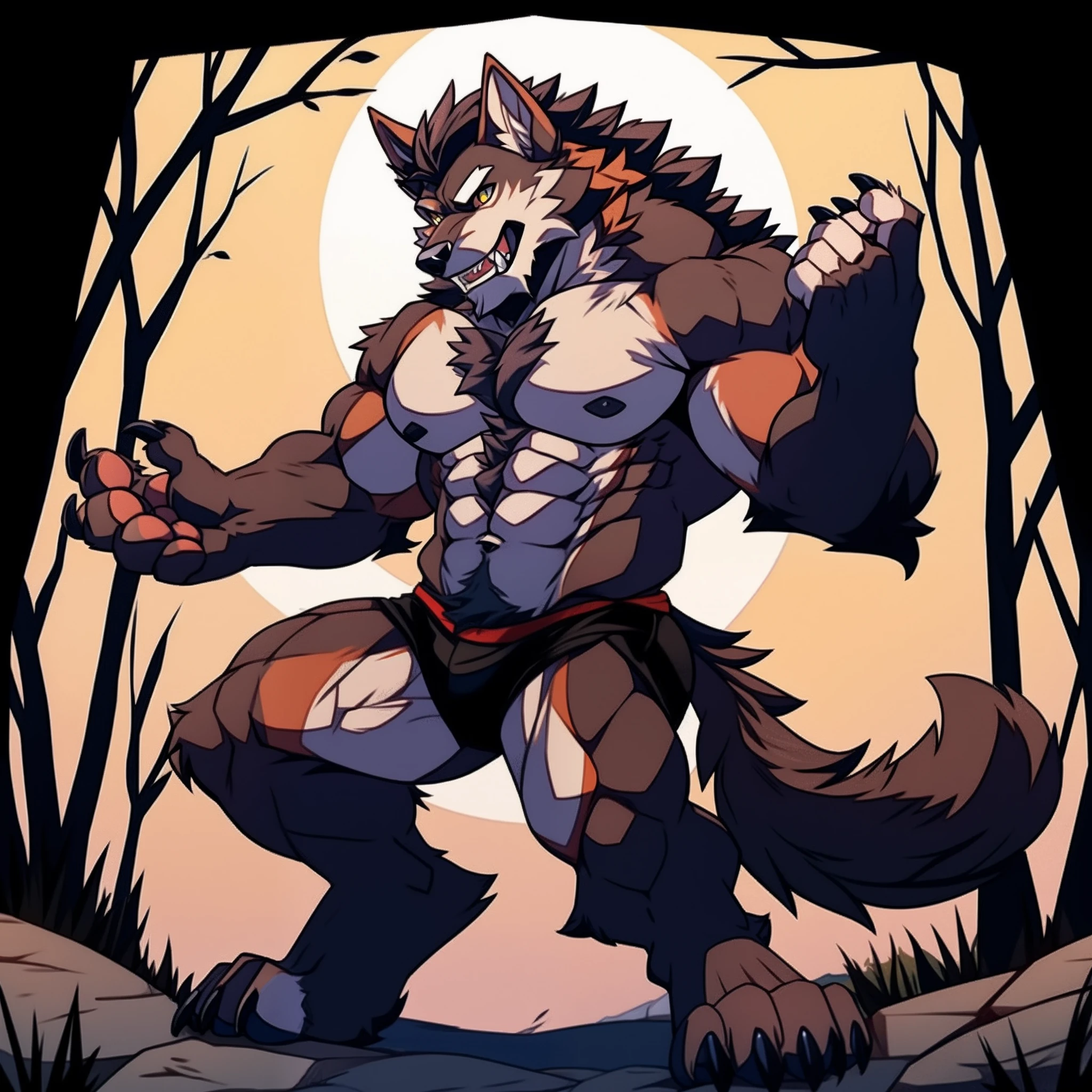muscular werewolf，Hairy all over，clawed paws，erect through
