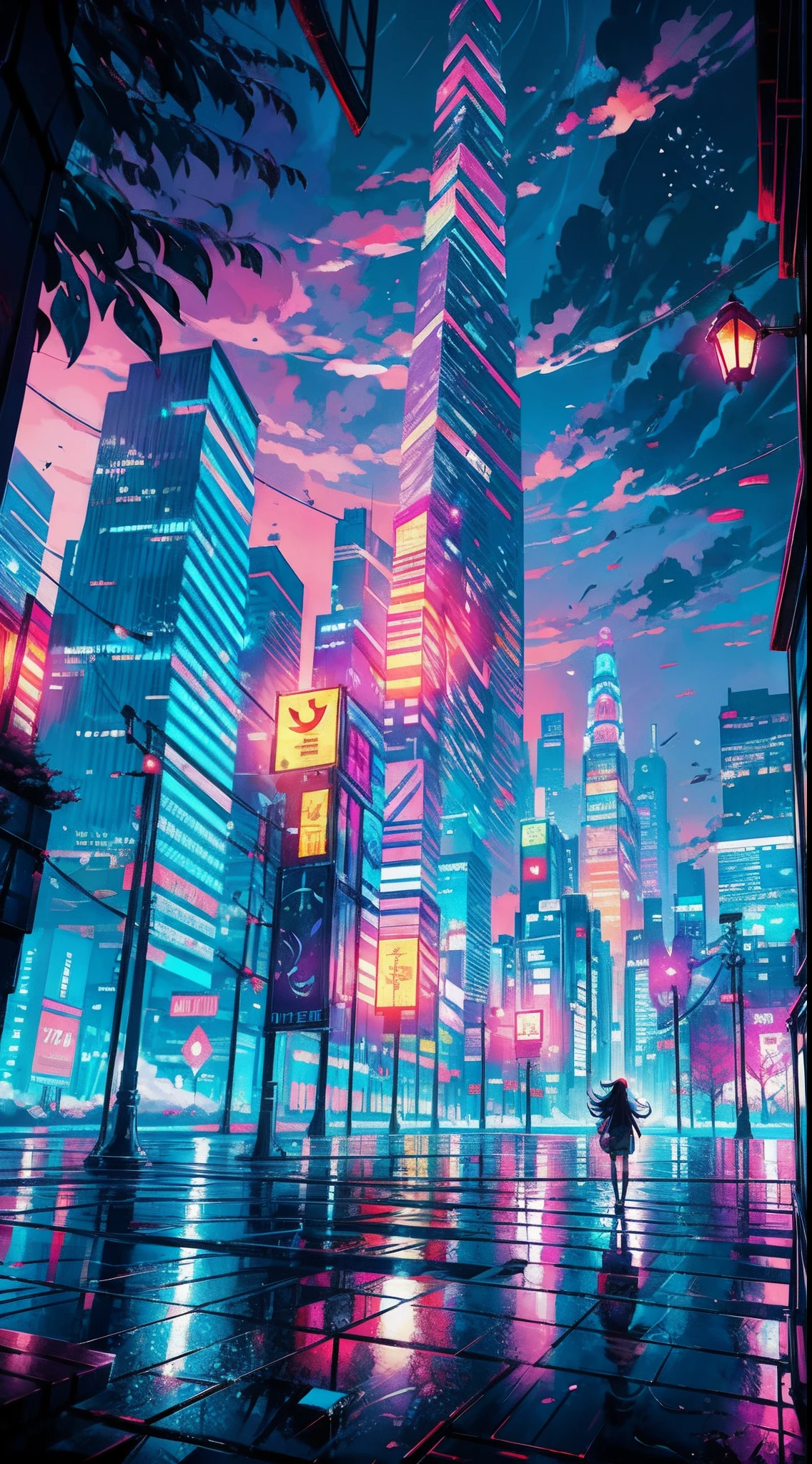 Anime girl standing in big city looking at rainbow sky,Near Future City、 makoto shinkai cyril rolando, anime art wallpaper 4k, anime art wallpaper 4k, Anime art wallpaper 8k, inspired by Cyril Rolando, in the style dan mumford artwork, amazing wallpapers, by Yuumei