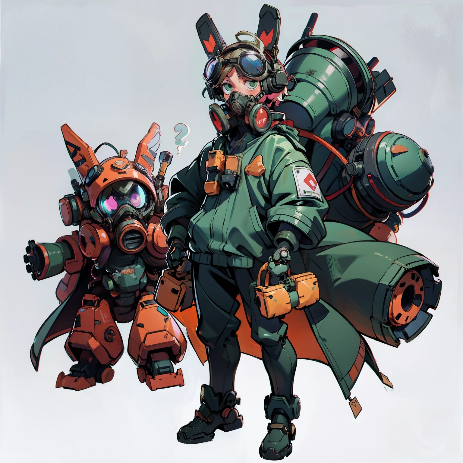 masutepiece, Best Quality, ((Full body shot)), No background, White background, a gas mask, Robot goggles, headphones, mechanical bunny hat, Military coat, Man's, Chibi,