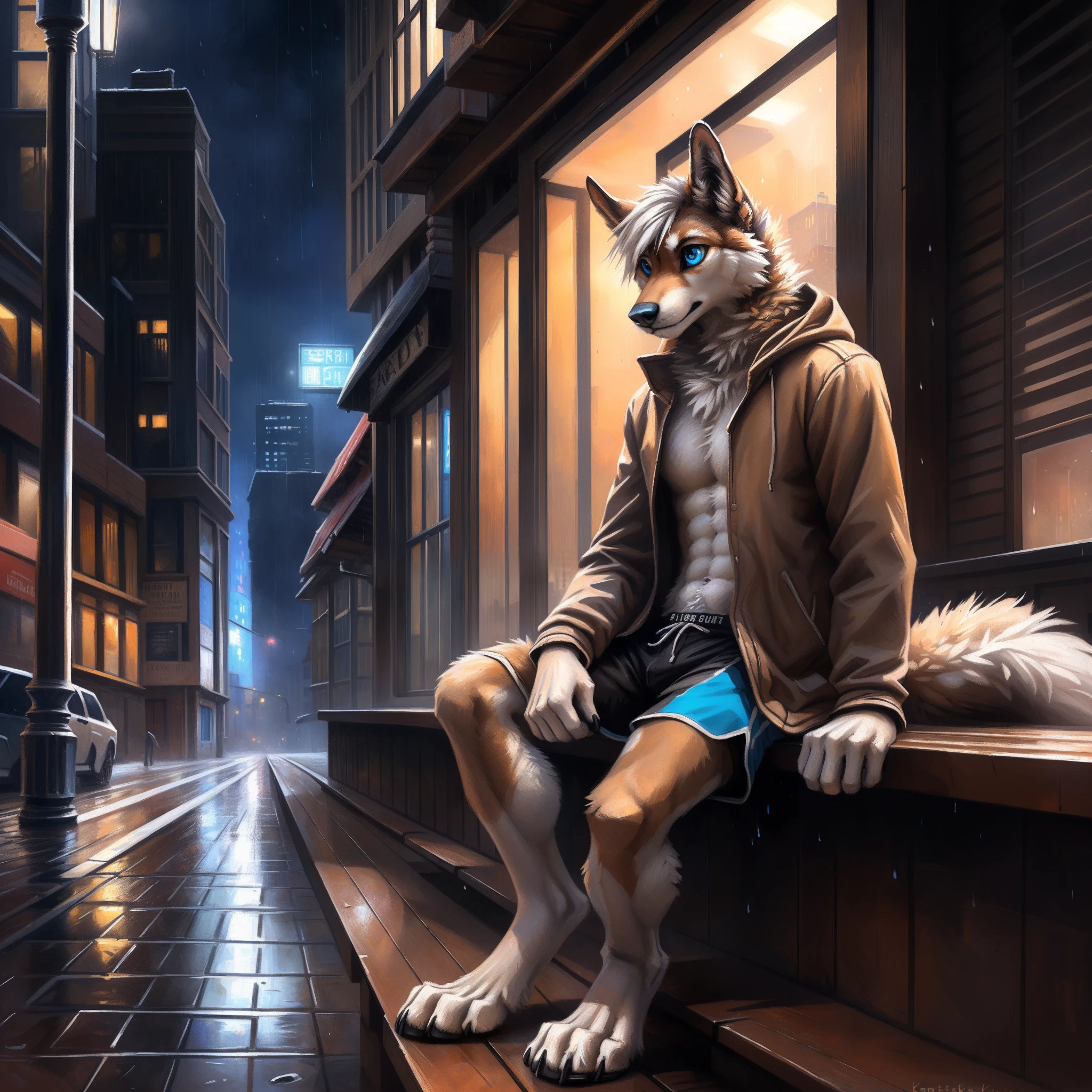((Solo)), male people, anthro wolf, (Multi-colored fur, Black White Taupe:1.3), ((Dog face, White hair, Big eyes, White eyelids, Blue pupil, Slim:1.2) (Tough, Calm expression:1.2)), ((sport:1.1)), Abs, Slim, pinging)), (Correct anatomy), (Work shorts:1.1), Red hooded coat,(Contoured bones:1.2), (detailed outfits),large tail, (Realistic fur, Detailed fur texture, labeled:1.3)), (Natural lighting), Photorealistic, Hyperrealistic, ultradetailed, by Kenket,the night,In the city,Sit alone,Wooden benches,rainy days,Buildings