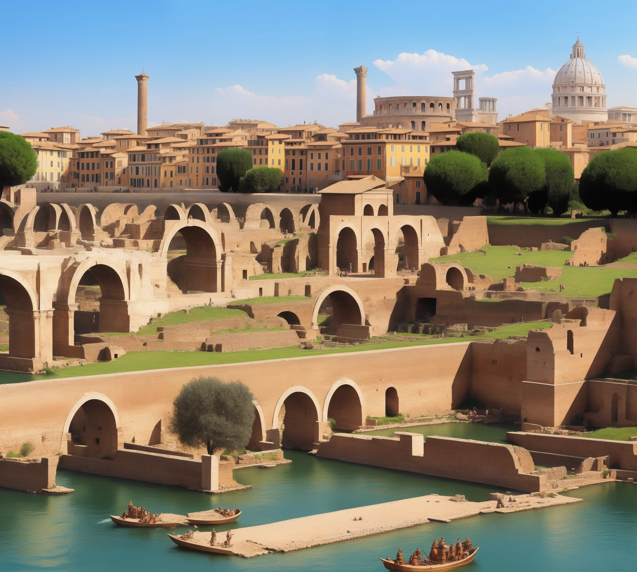Create projected illustrations of the first Roman fortifications built on the banks of the Tiber River. Explore how the early Romans realized the strategic importance of this location and how these early defenses laid the foundation for the city of Rome. Highlight the characteristics of the first fortifications, como muros simples , towers or other elements that demonstrate the beginning of the defensive construction of the city. The image should convey the spirit of the founding of ancient Rome and its historical importance.