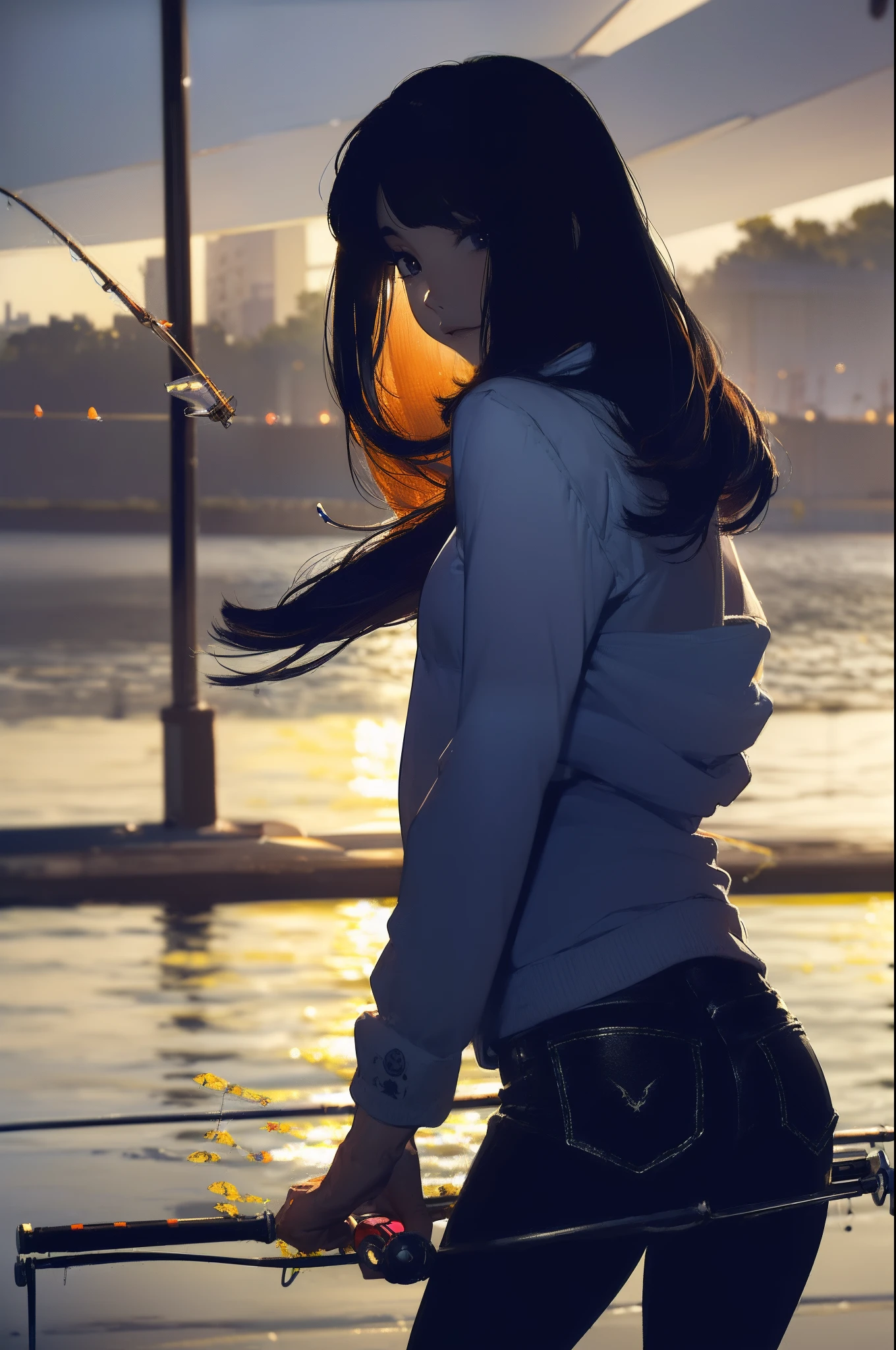 ((((casting a lure and having fishing rod with a reel by the lakeside:1.5)))),((Female 28 years old)),((Best Quality:1.5)),(((Hands with the correct number and structure of fingers:1.4))),((Big fish:1.37)),hight resolution,ultra-detailliert,​masterpiece,best qualtiy,(Eight-headed body),Black hair, long eyes-lashes, Solid Circle Eyes, drop shadow, Atmospheric perspective,Super Detail, ccurate, small brest,(Black jacket and black jeans :1.1),top-quality, blurry backround, bokeh dof:1.2, (​masterpiece:1.3),  Atmospheric perspective,Super Detail,dynamic compositions,