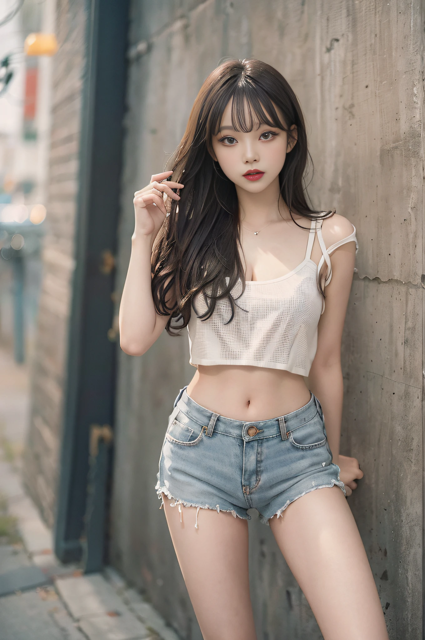 Realistic junior idol, thigh Shiina, mini denim skirt, slender, see-through, sensual, crotch, crotch, nipple, nipple, uniqlo fashion model, pretty legs. --auto --s2