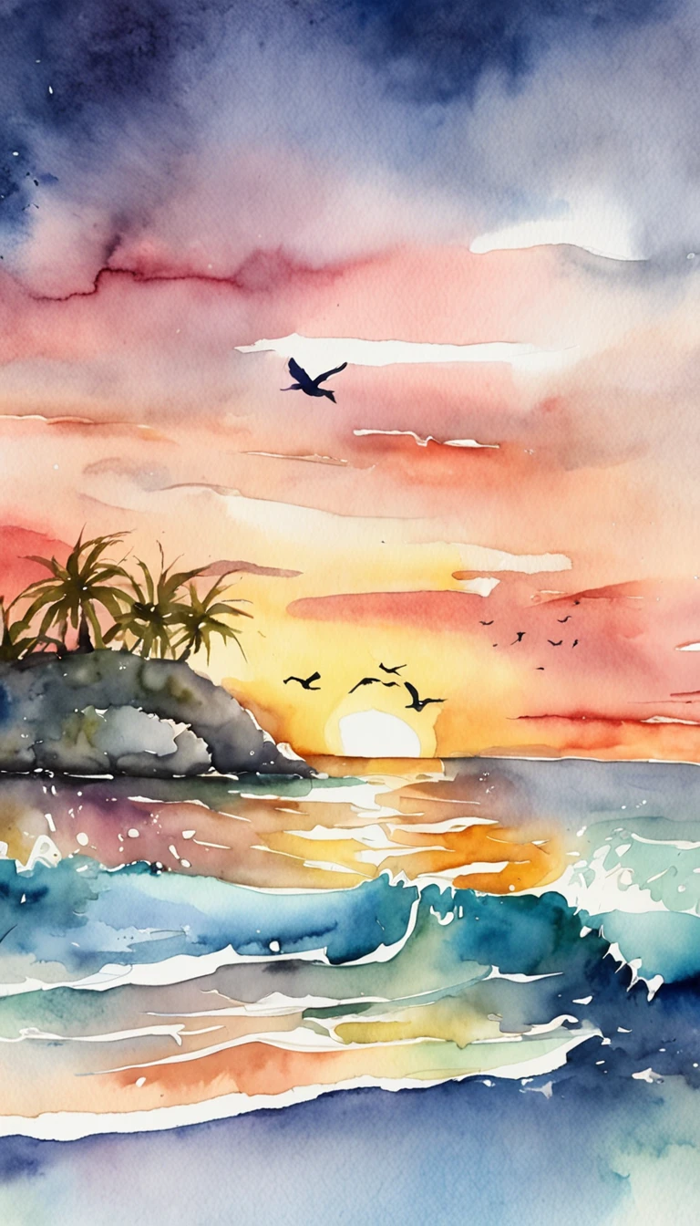 An imaginative watercolor rendition of the ocean at sunset, Where colors mix and flow, Capture the magical atmosphere of dusk.
Descriptive keywords: Imaginative sunsets, Color mixing, Ocean magic, Watercolor atmosphere, Twilight inspiration.
Camera type: Watercolor paper.
time of day: Twilight sunset.
Style of artwork: whimsically,Be imaginative.
by artist: Twilight Canvas -ar 3:2