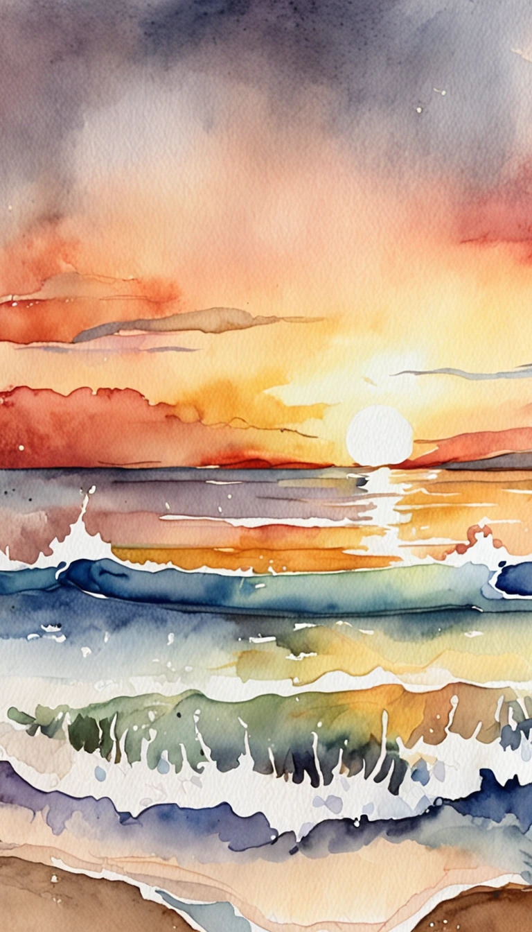An imaginative watercolor rendition of the ocean at sunset, Where colors mix and flow, Capture the magical atmosphere of dusk.
Descriptive keywords: Imaginative sunsets, Color mixing, Ocean magic, Watercolor atmosphere, Twilight inspiration.
Camera type: Watercolor paper.
time of day: Twilight sunset.
Style of artwork: whimsically，Be imaginative.
by artist: Twilight Canvas -ar 3:2