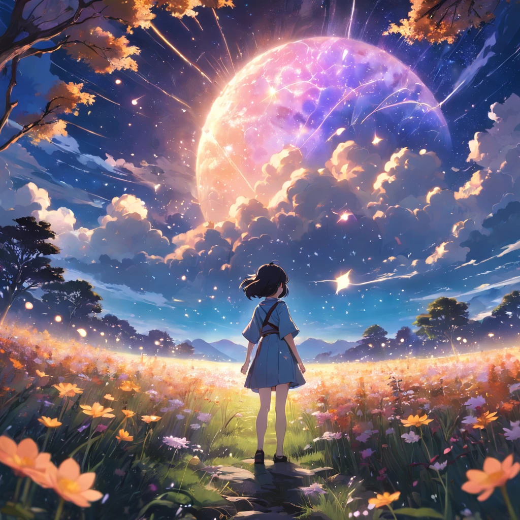 Makoto Shinkai, Expansive landscape photograph , (View from below,Displays the sky above and the clearing below), a girl standing on flower field looking up, (full moon:1.2), ( meteors:0.9), (Starcloud:1.3), Far Mountain, Tree BREAK Production Art, (Warm light source:1.2), (Firefly:1.2), lamp lights, lots of purples and oranges, Intricate details, Volumetric lighting BREAK (Masterpiece:1.2), (Best quality), 4K, Ultra-detailed, (Dynamic composition:1.4), Highly detailed, Colorful details,( Iridescent colors:1.2), (luminouslighting, Atmospheric lighting), Dreamy, magical, (Solo:1.2)