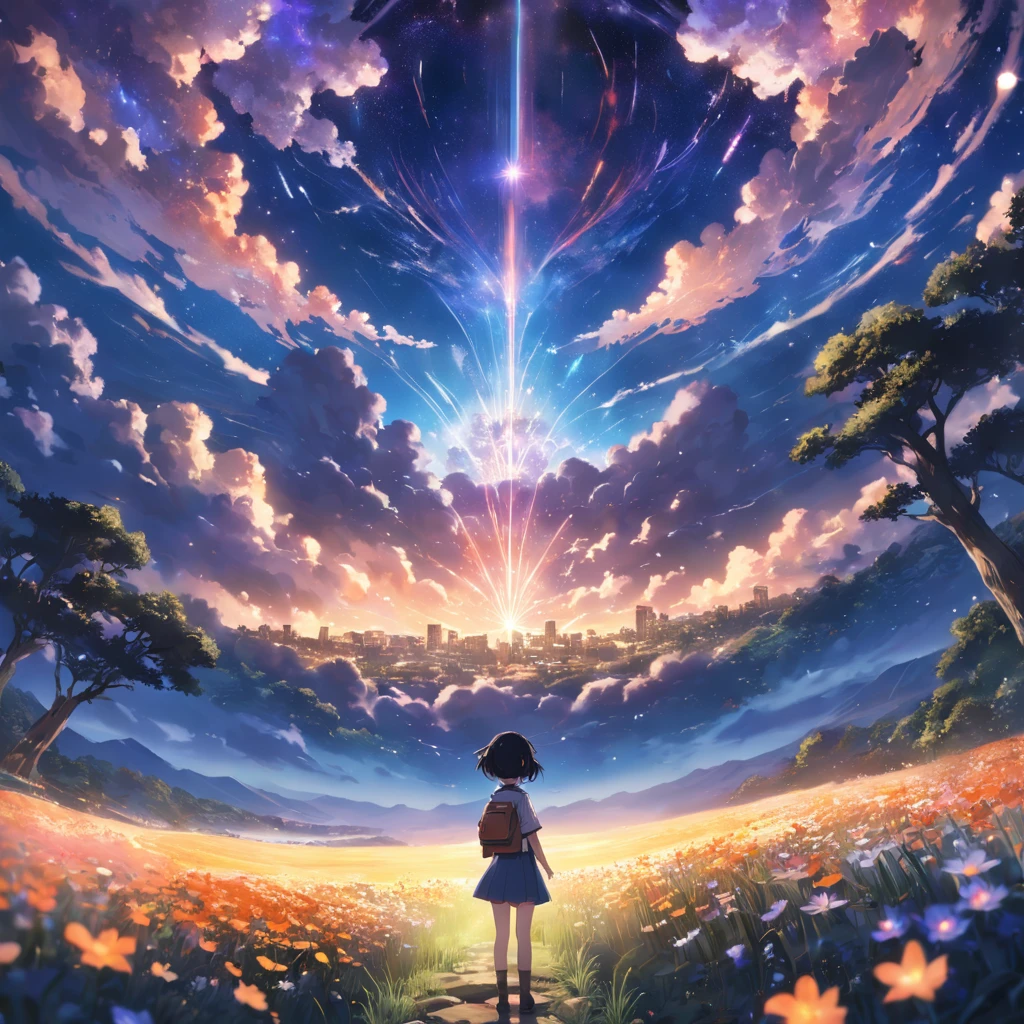 Makoto Shinkai, Expansive landscape photograph , (View from below,Displays the sky above and the clearing below), a girl standing on flower field looking up, (full moon:1.2), ( meteors:0.9), (Starcloud:1.3), Far Mountain, Tree BREAK Production Art, (Warm light source:1.2), (Firefly:1.2), lamp lights, lots of purples and oranges, Intricate details, Volumetric lighting BREAK (Masterpiece:1.2), (Best quality), 4K, Ultra-detailed, (Dynamic composition:1.4), Highly detailed, Colorful details,( Iridescent colors:1.2), (luminouslighting, Atmospheric lighting), Dreamy, magical, (Solo:1.2)