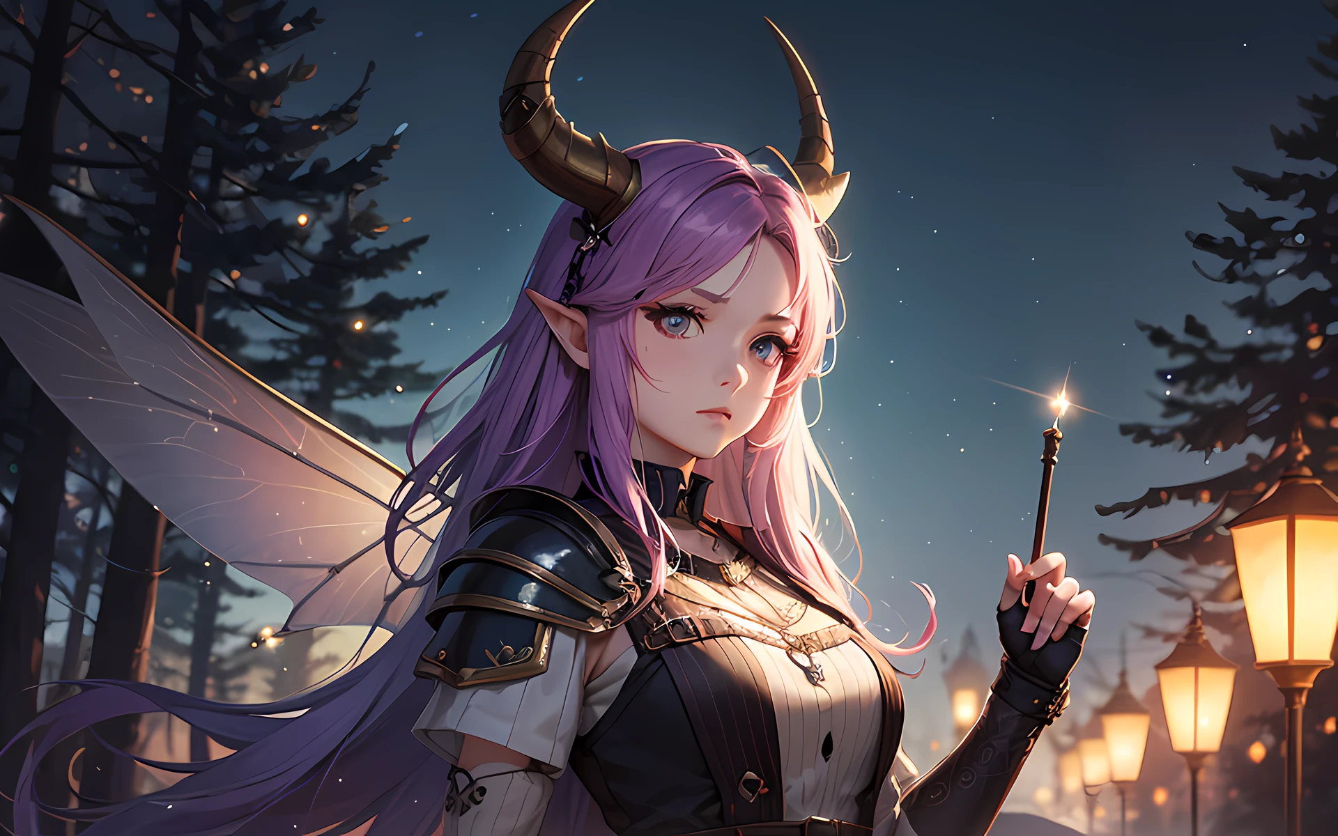 masterpiece, best quality half body of a female Scottish Viking with fairy wings, wearing horned viking helmet, beautiful face, anime style, dark purple fantasy forest background, night view, bokeh, 80mm camera lens, edge, high details, vibrant, textured, highly detailed, fantasy art, digital art, trending on artstation