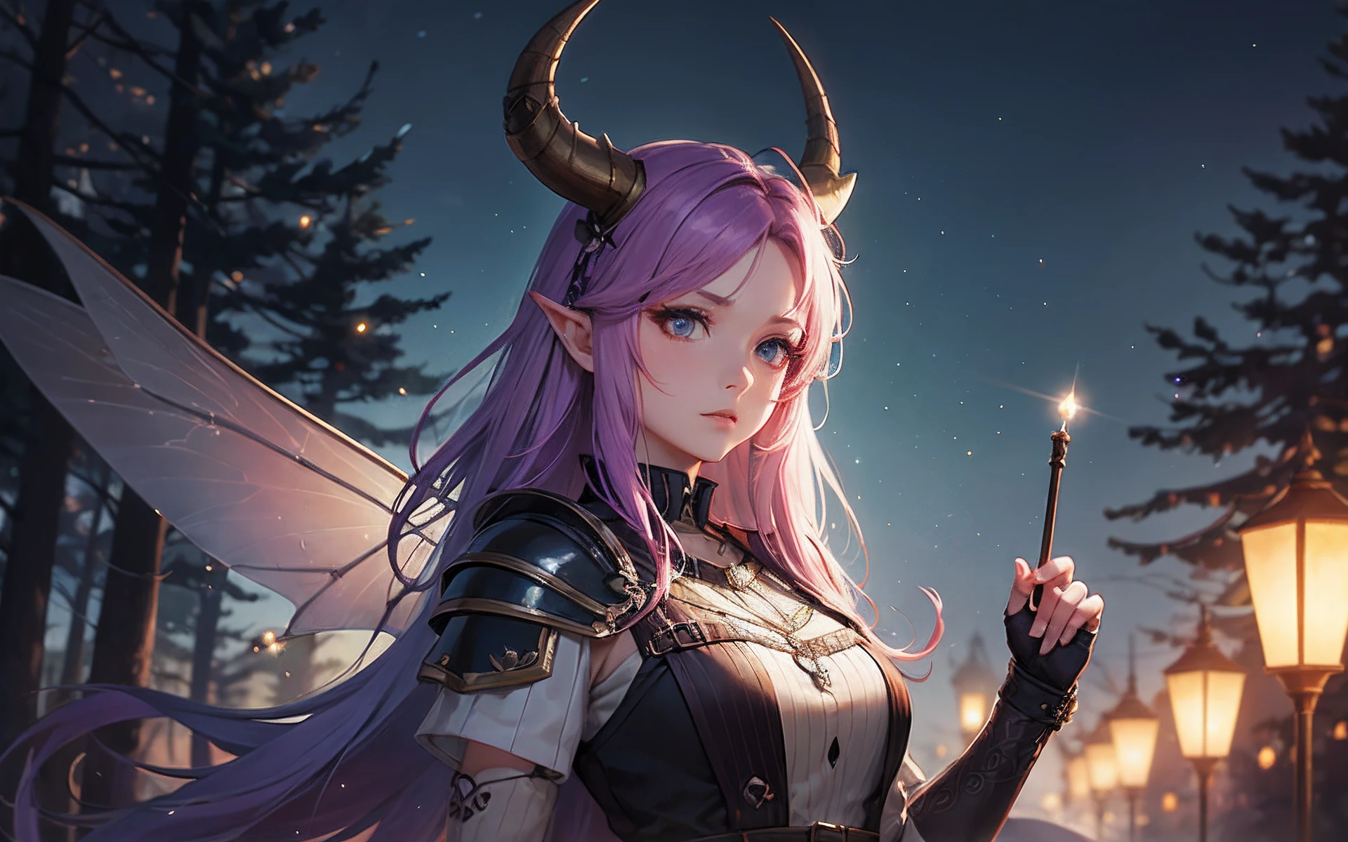 masterpiece, best quality half body of a female Scottish Viking with fairy wings, wearing horned viking helmet, beautiful face, anime style, dark purple fantasy forest background, night view, bokeh, 80mm camera lens, edge, high details, vibrant, textured, highly detailed, fantasy art, digital art, trending on artstation