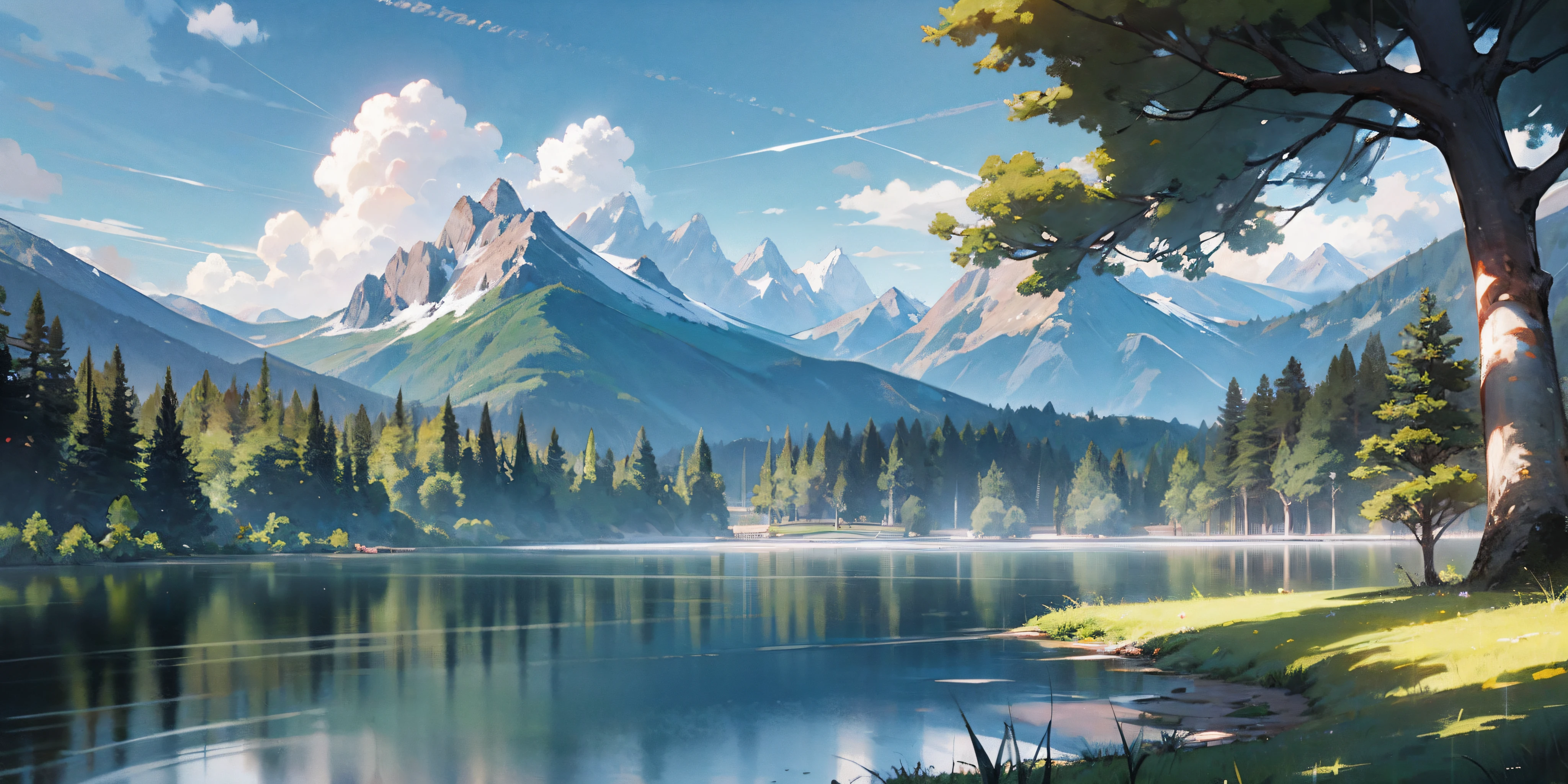 Create images of magnificent and detailed natural landscapes, with majestic mountains in the background，In the foreground is a large clear lake. Tree-lined lakeside, There is a small waterfall in one corner. The sky is bright，White clouds and a bright sun create a glow on the water. The landscape must be hyperrealistic, Meticulous details and natural colors