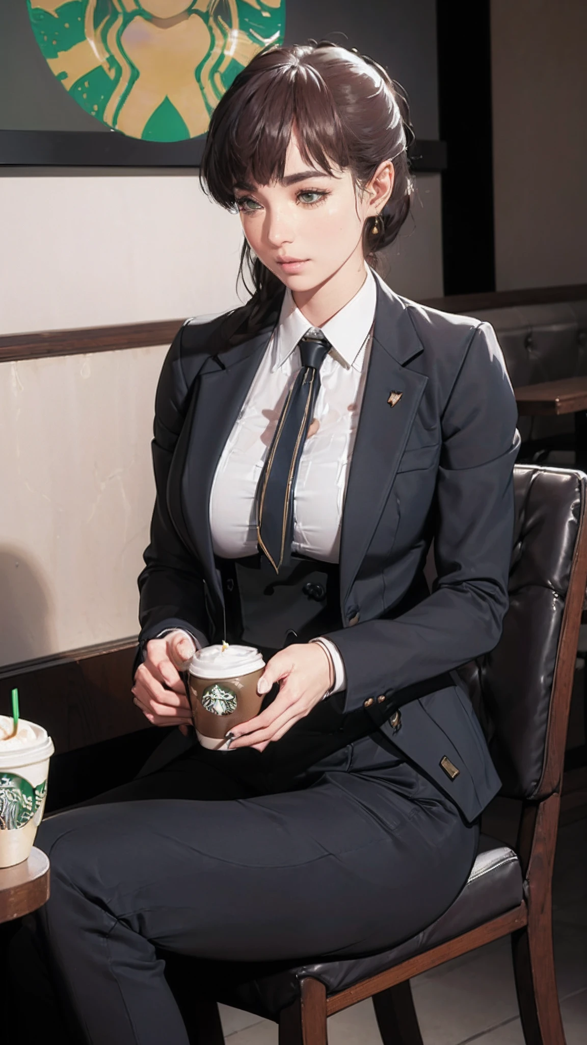 (((beautiful))), dolla, formal outfit, business suit, office working dress, huge breasts,(((shiny skin))), ((intricate details)), hdr, ((intricate details, hyperdetailed)), cinematic shot, (((sitting in cafe, enjoying starbucks))), vignette, art by alphonso mucha