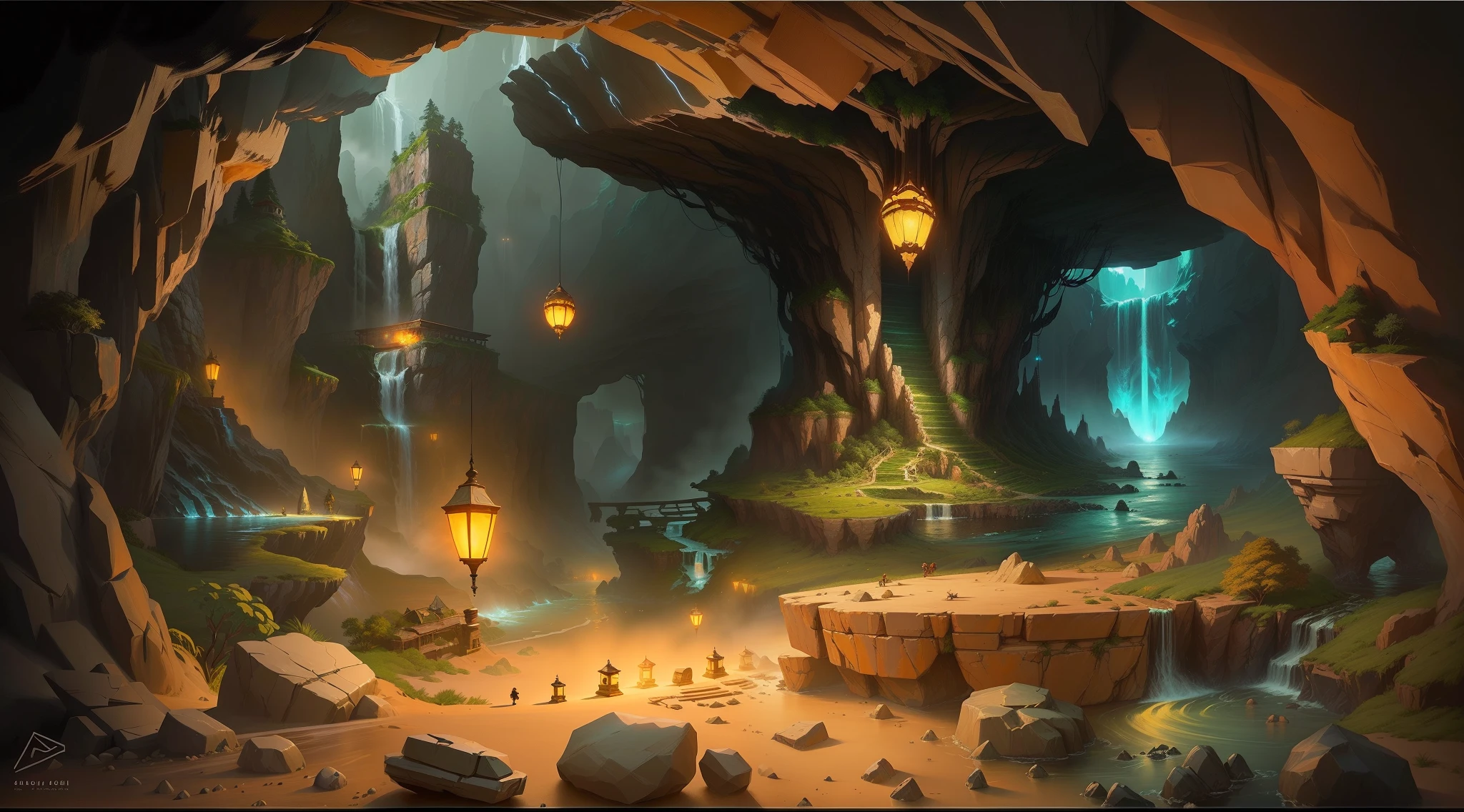 There is a painting of a cave with a waterfall and a waterfall, stylized concept art, painted as a game concept art, 2D design of the game environment, Game Environment Design, Concept art of an indie game, Stylized game art, environment and concept art, environment concept art, Concept art of the game, environment art, background illustration, Concept art of the game "Scenery", Video Game Environment Design