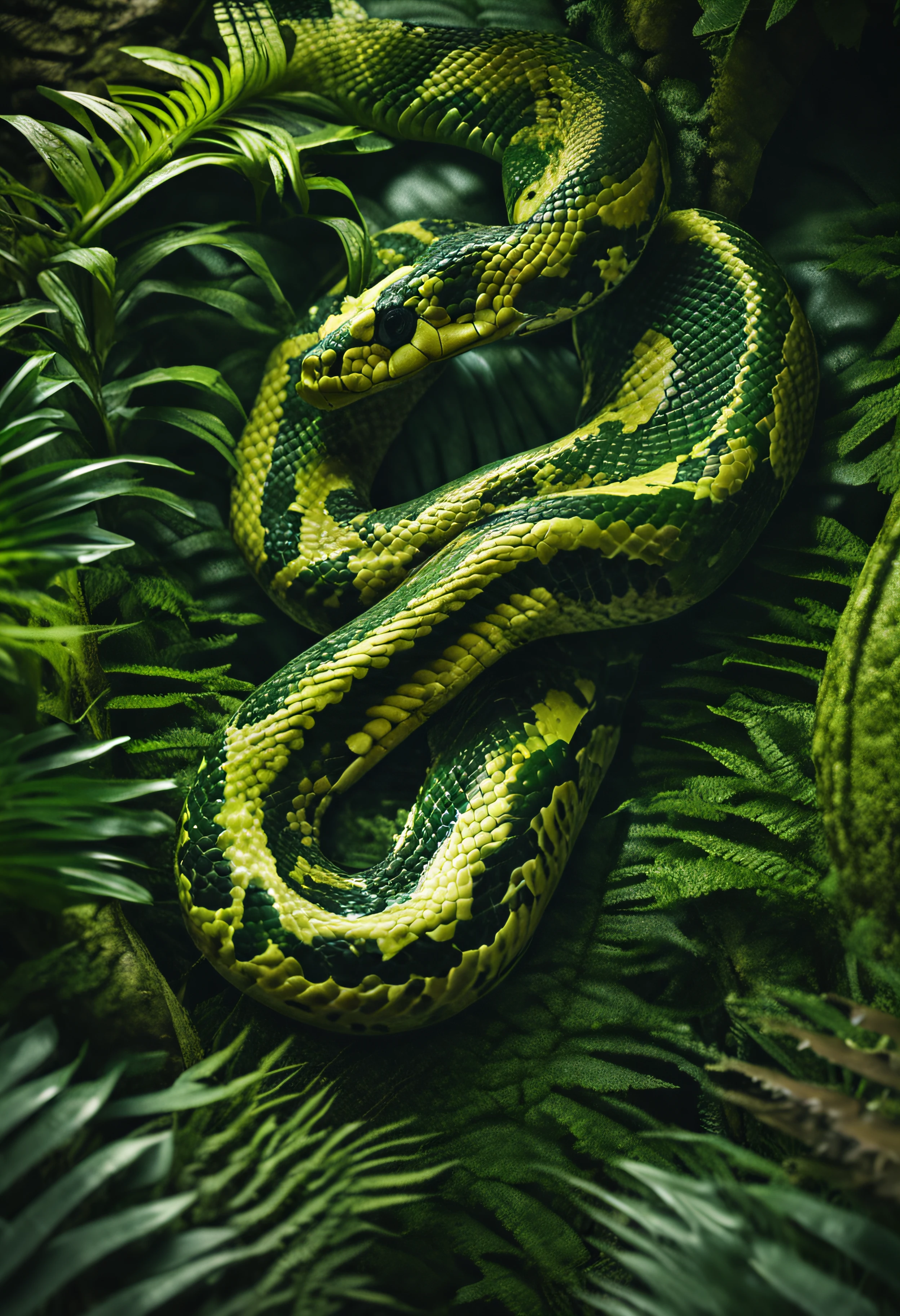 High nation-geographic symmetrical close-up portrait shoot in green jungle of an expressive snake, anamorphic lens, ultra-realistic, hyper-detailed, green-core, jungle-core –ar 16:9 –q 2 –v 5