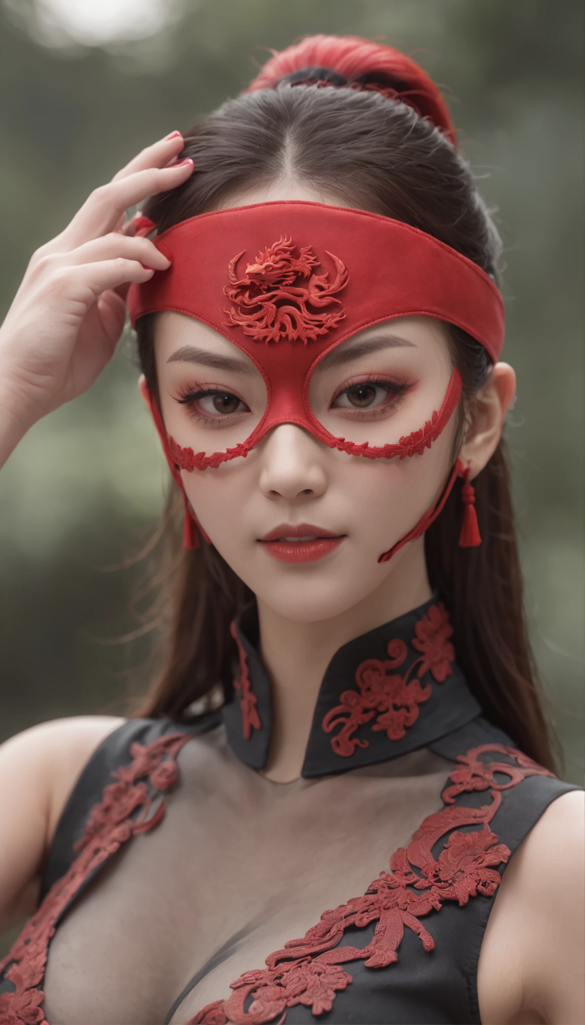 Self-portrait of a woman, Master parts, extremely detaile, best qualityer, Pair it with kung fu outfits, (((Use a facial eye protection mask))), Red mask, extremely detaile, as Sasha Street. (8K, SuperiorQuality, best qualityer, tmasterpiece, highly detailed: 1.2), (((Low-arm posture, Both hands are lowered)))
